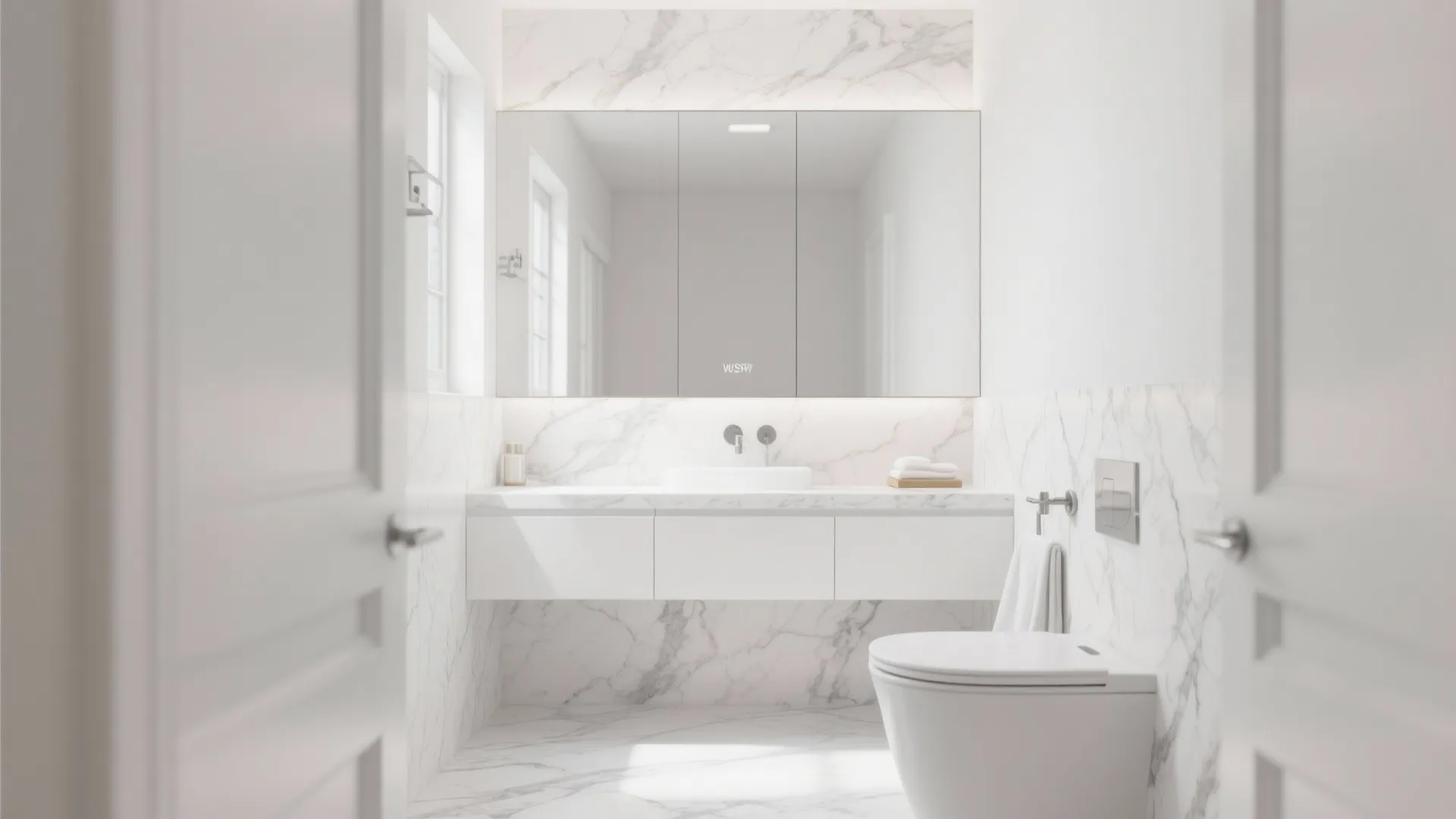 Modern white bathroom with marble walls, a floating vanity, large mirror, and a white toilet