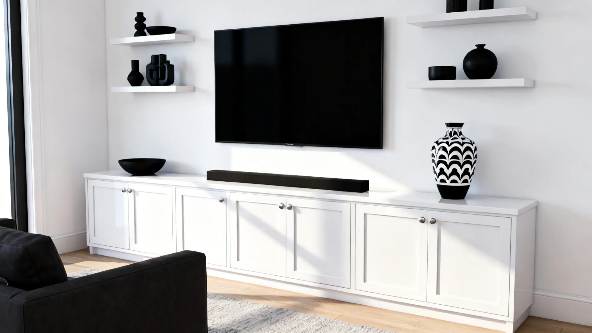 Small living room with white media console and shelving creating bright contrast with black accents.