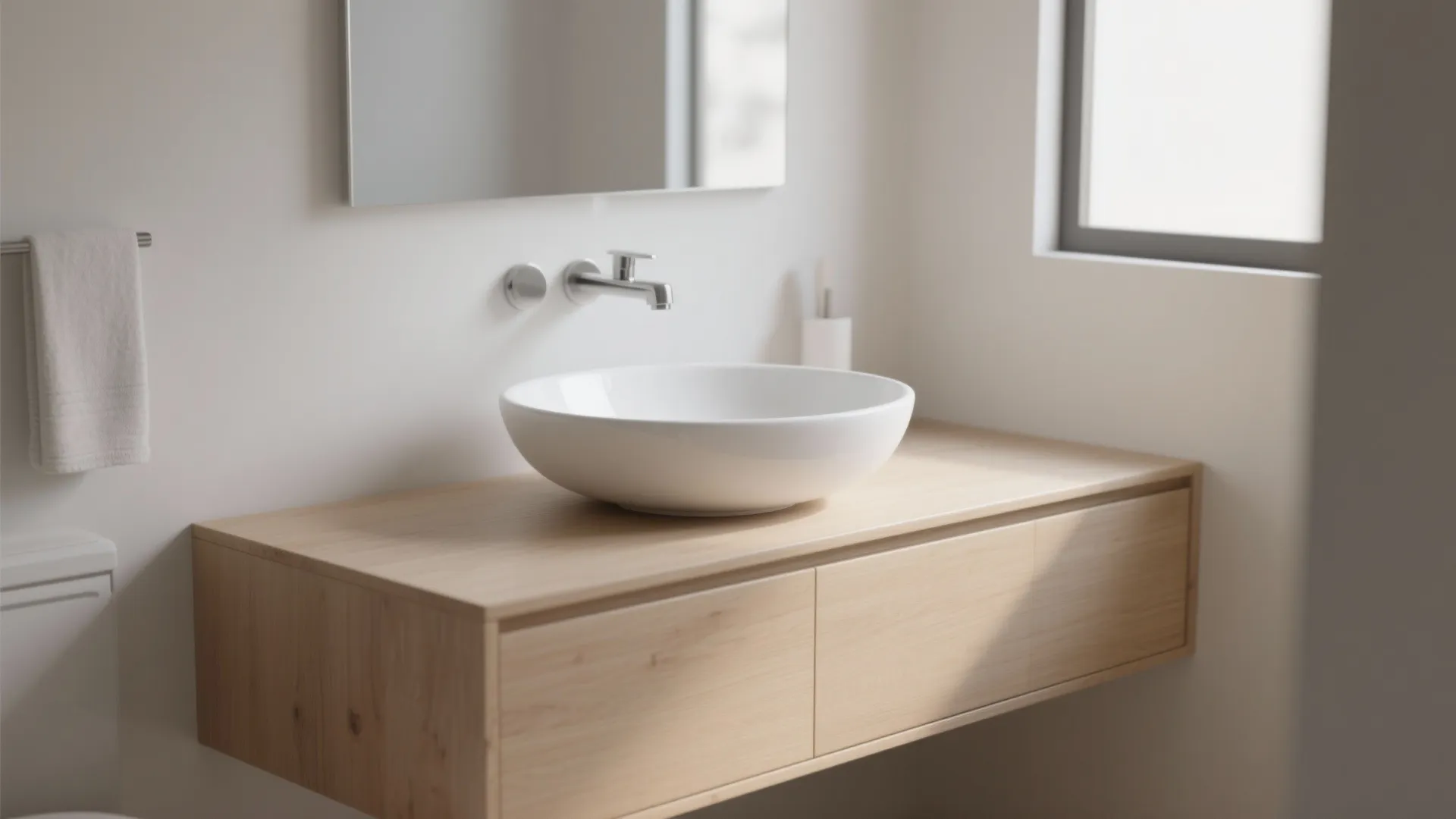 Minimalist bathroom with a white ceramic vessel sink on a light wood vanity