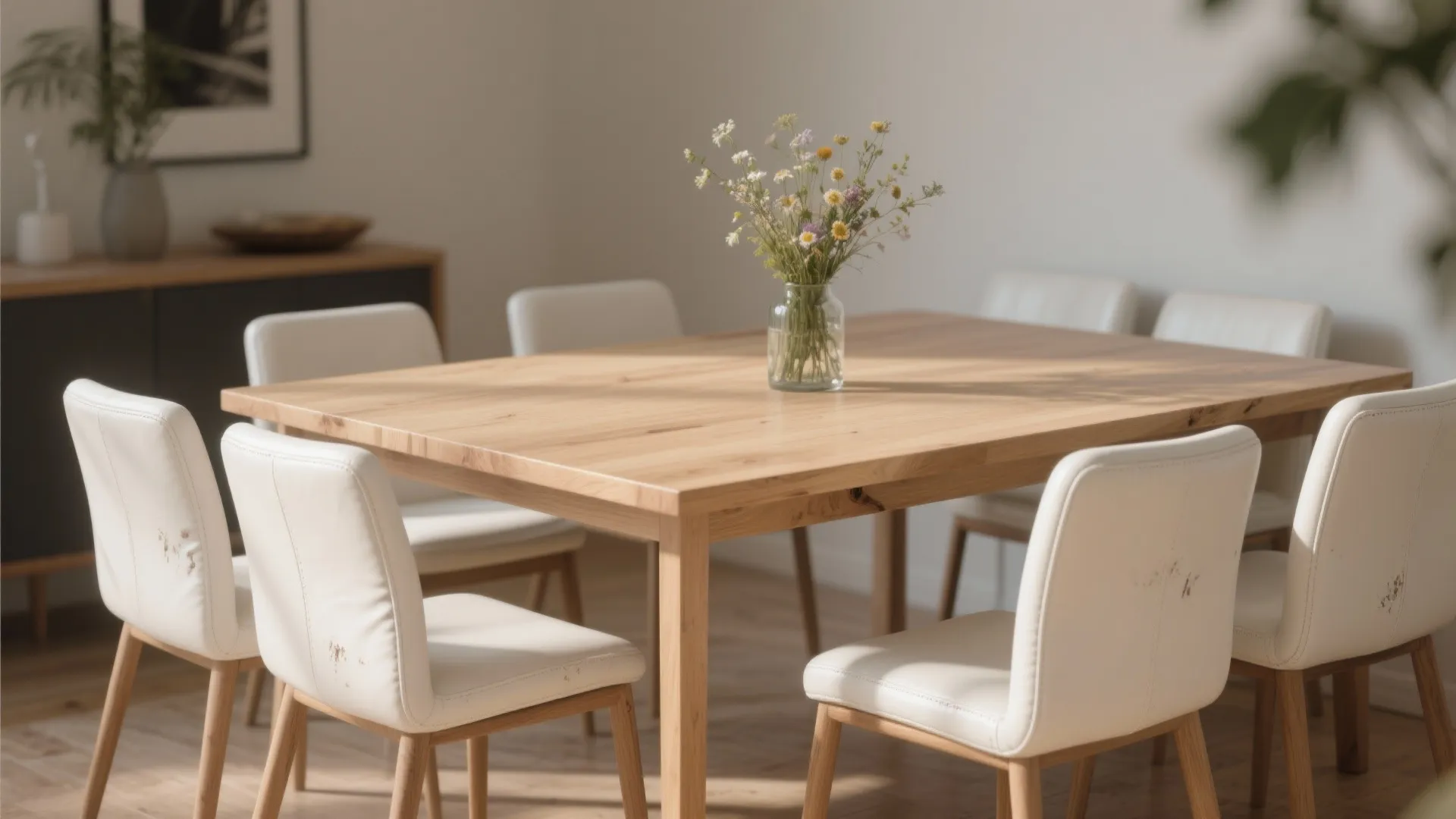 1. Pair white leather chairs with a light wood table