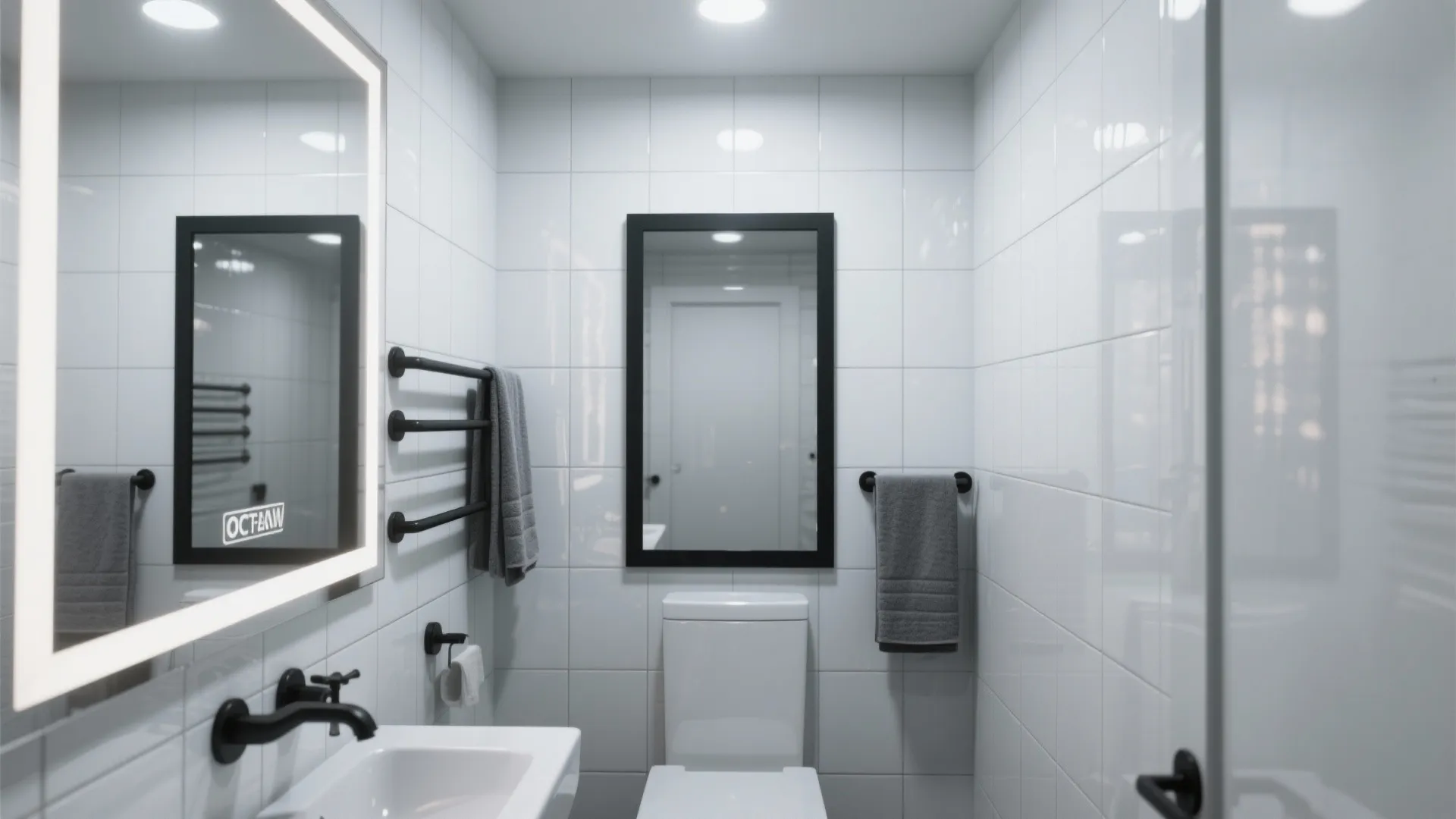 Small white bathroom featuring white toilet sink black faucet mirrors grey towels and white tiles