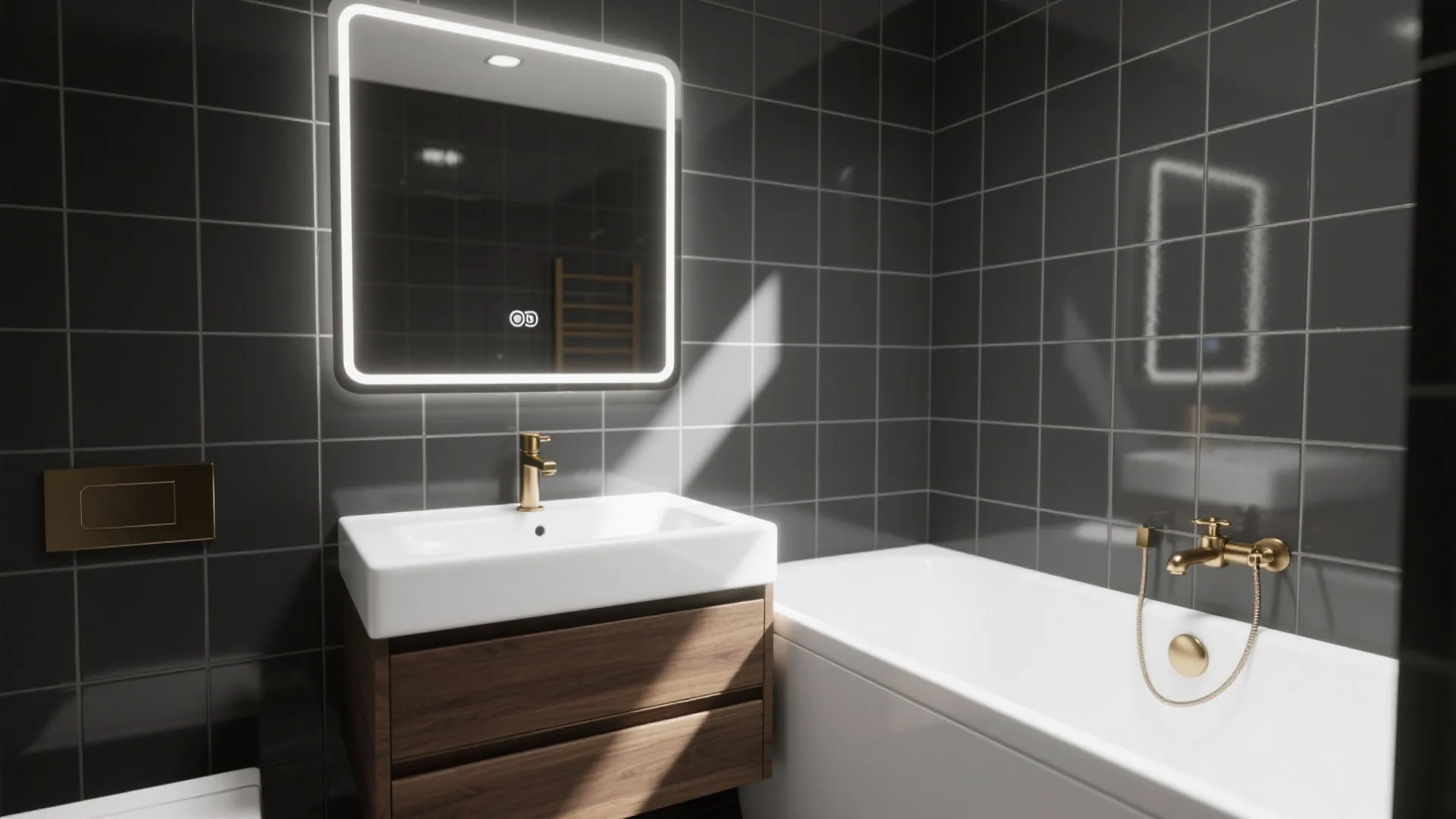 1. Go high-contrast with white fixtures and charcoal accents