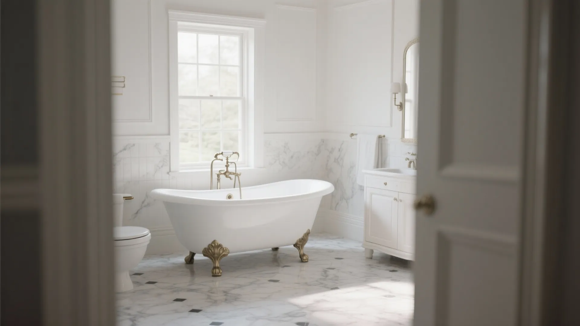 Elegant white bathtub with gold feet in a bright bathroom seen through an open doorway