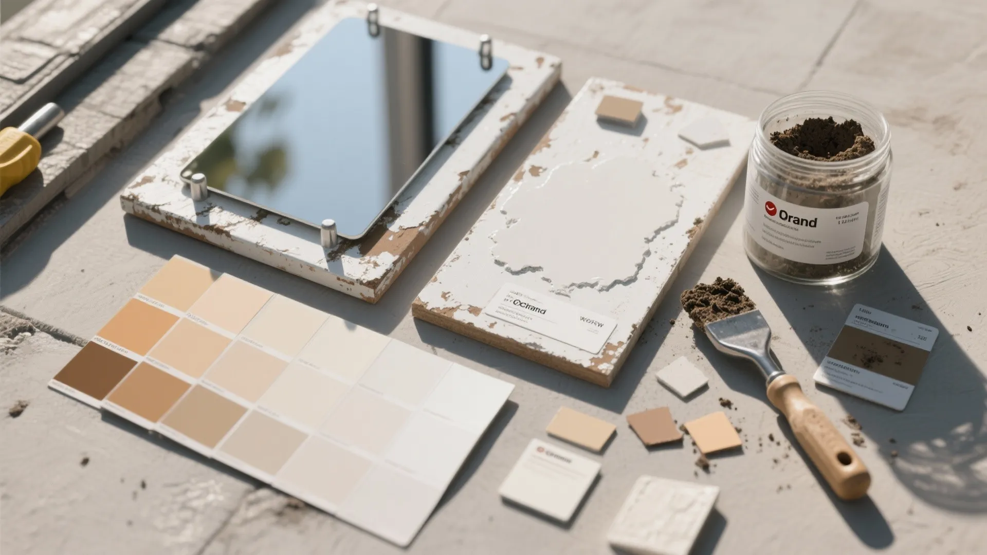 Top-down view of paint swatches, reflective coating samples and a small weathered test patch for exterior white selection.