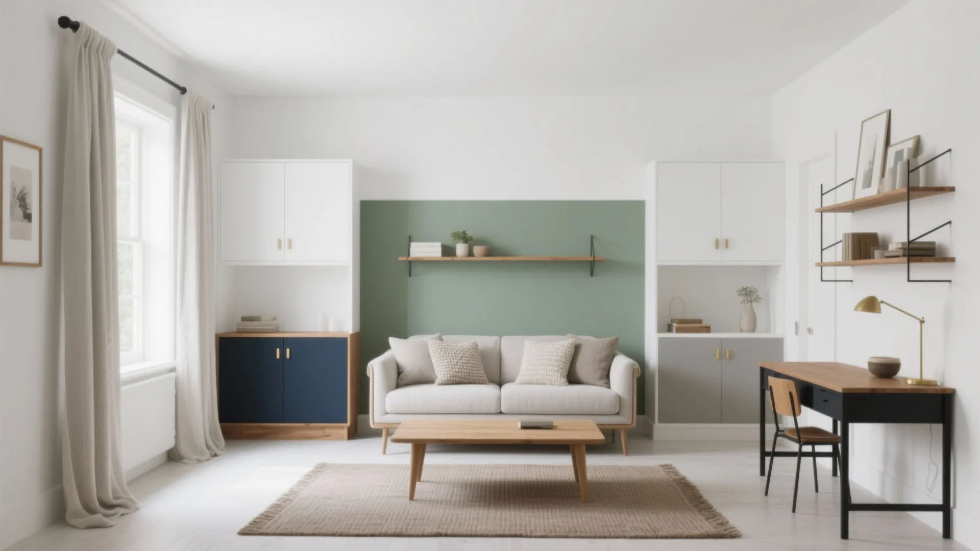 Bright home office and living area with white sofa wooden desk blue cabinet and green wall