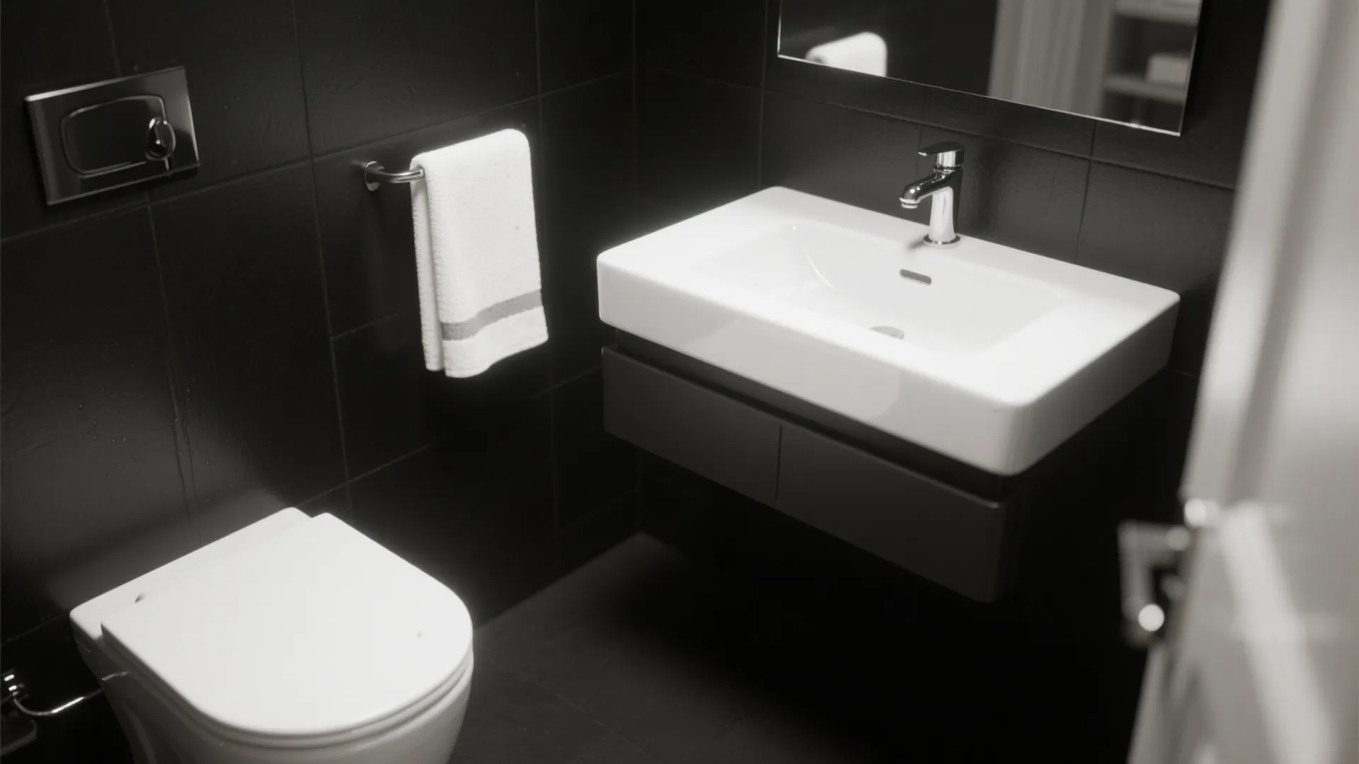 Modern bathroom with black tiled walls featuring white toilet white sink and hanging white towel