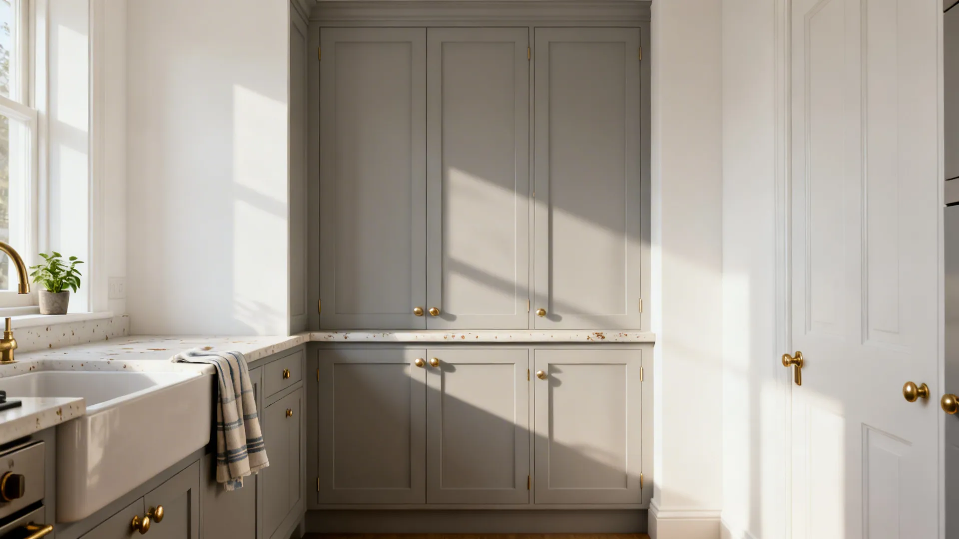 Light gray cabinets paired with warm white walls and brass hardware in a compact kitchen.
