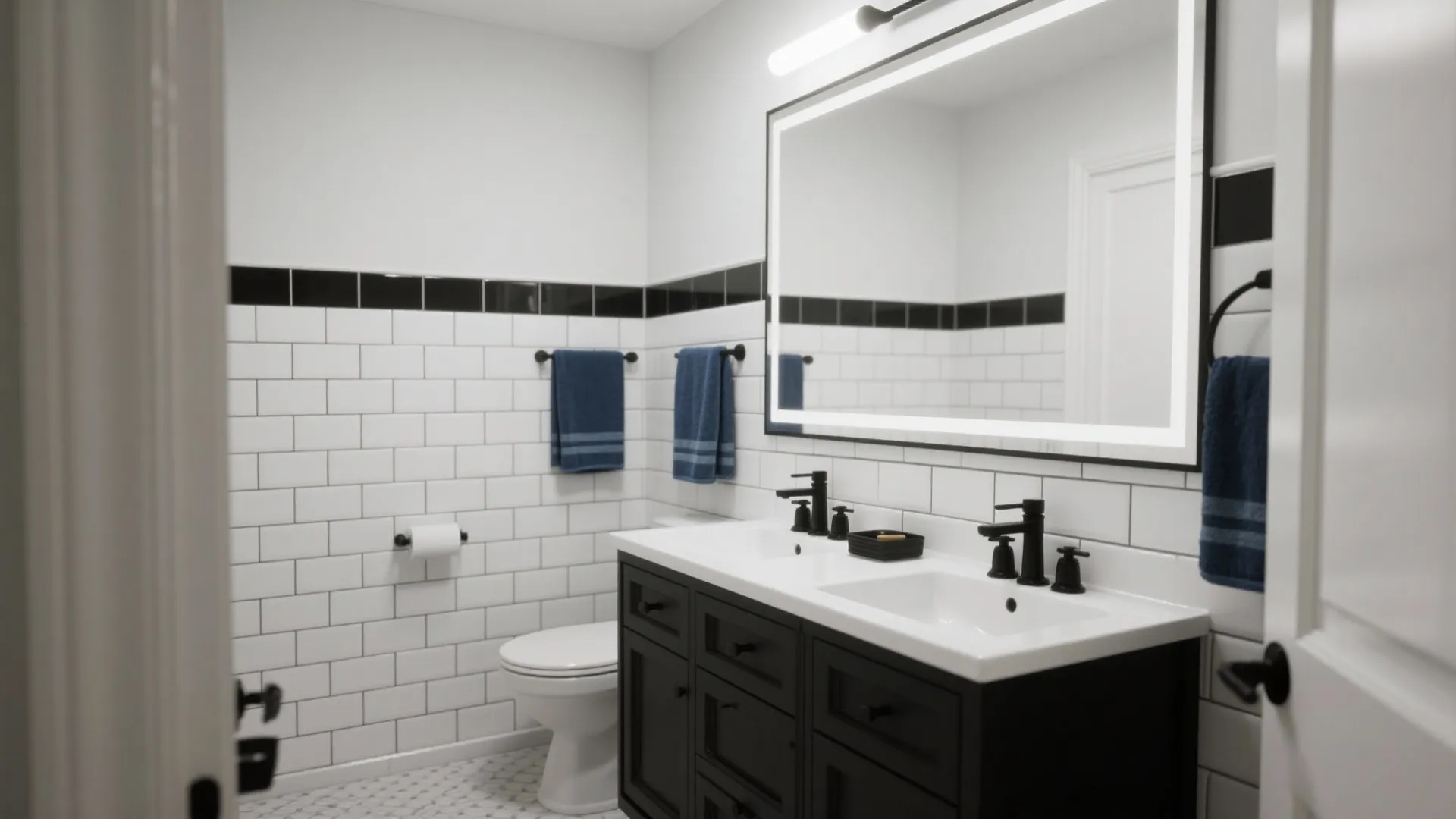 Modern bathroom with white wall tiles black cabinet vanity large glowing mirror and blue hanging towels