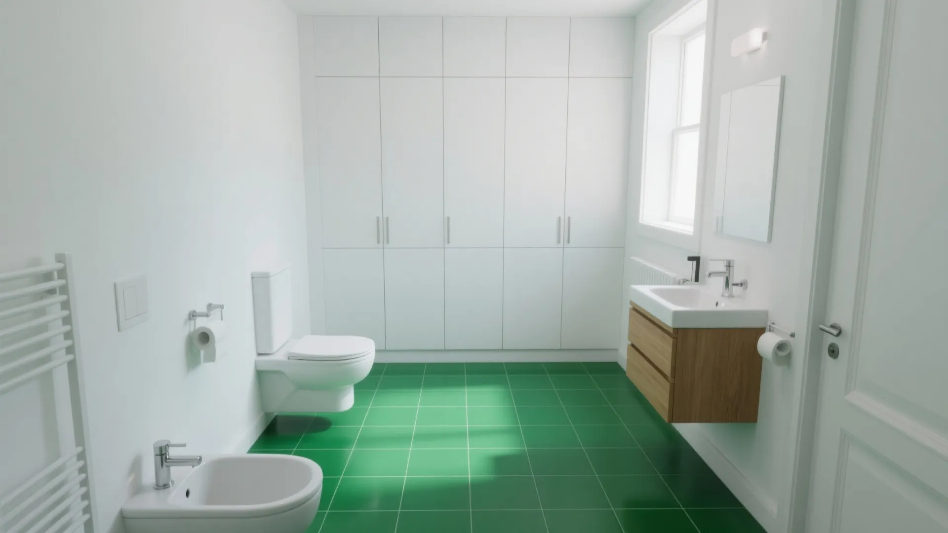 Spacious white bathroom with green floor tiles large storage cabinet wooden sink unit and white toilet