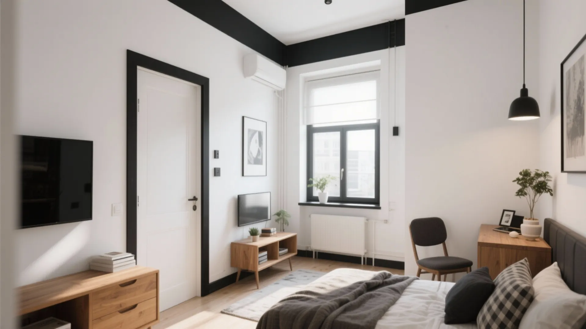 Minimalist bedroom with white walls black trim wooden furniture grey bed and a small black desk