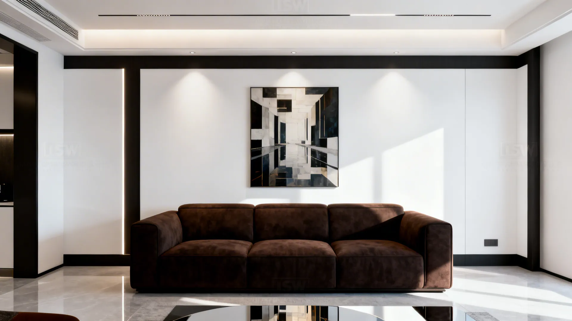 Crisp white-walled living room with dark trim and a dark brown sofa