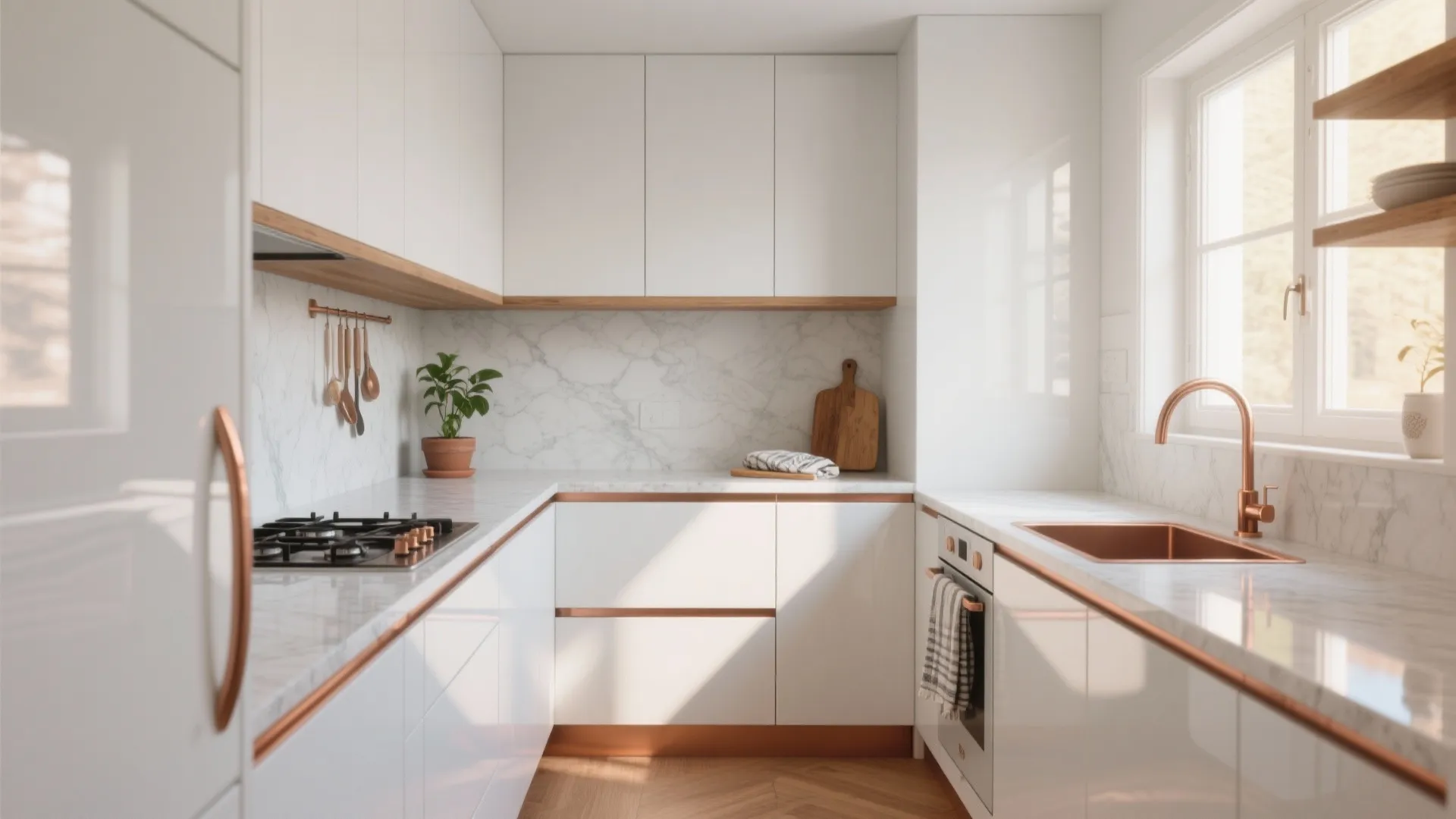 Modern white kitchen with copper sink copper faucet marble walls wooden floor window and sunlight