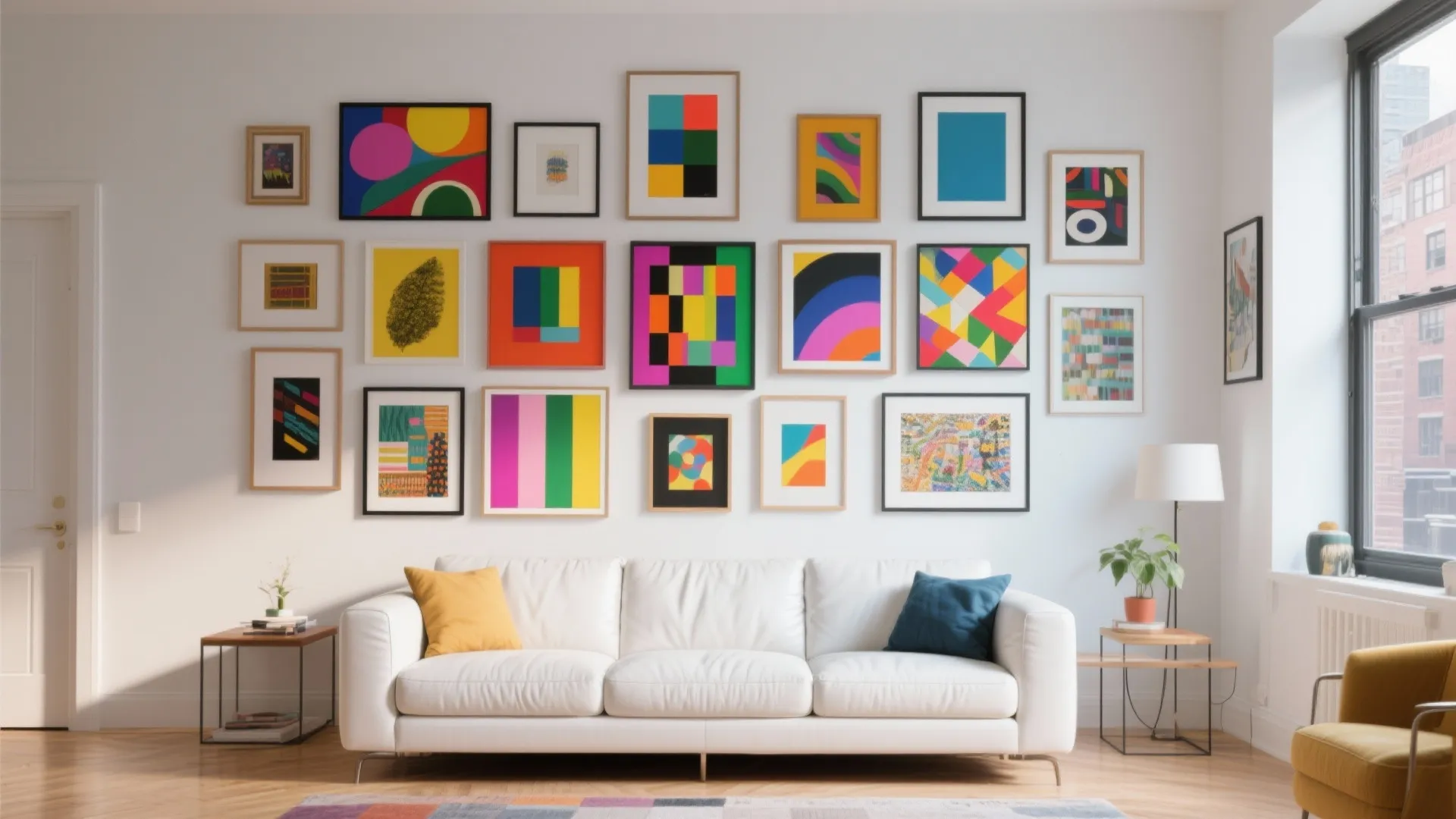Modern white sofa in living room with colorful gallery wall art and wooden side tables