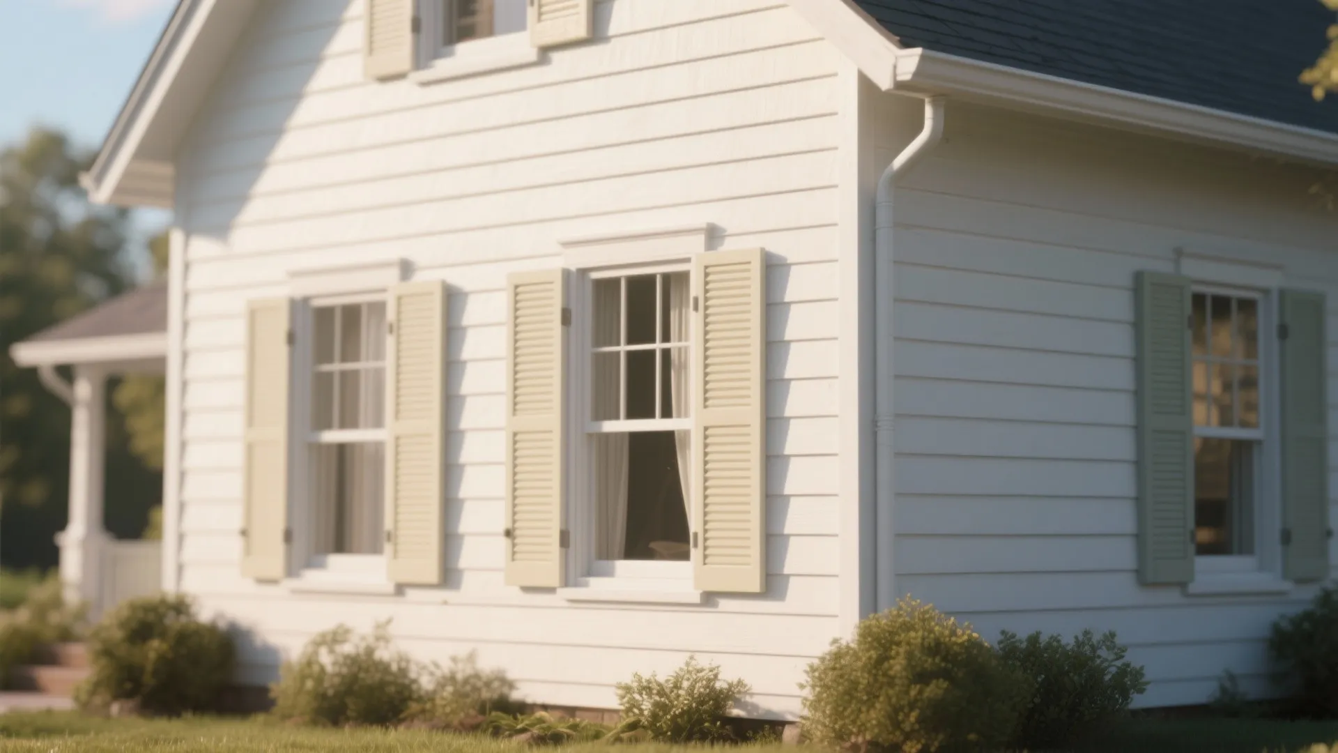White wooden house exterior featuring windows with light yellow shutters and small green bushes around
