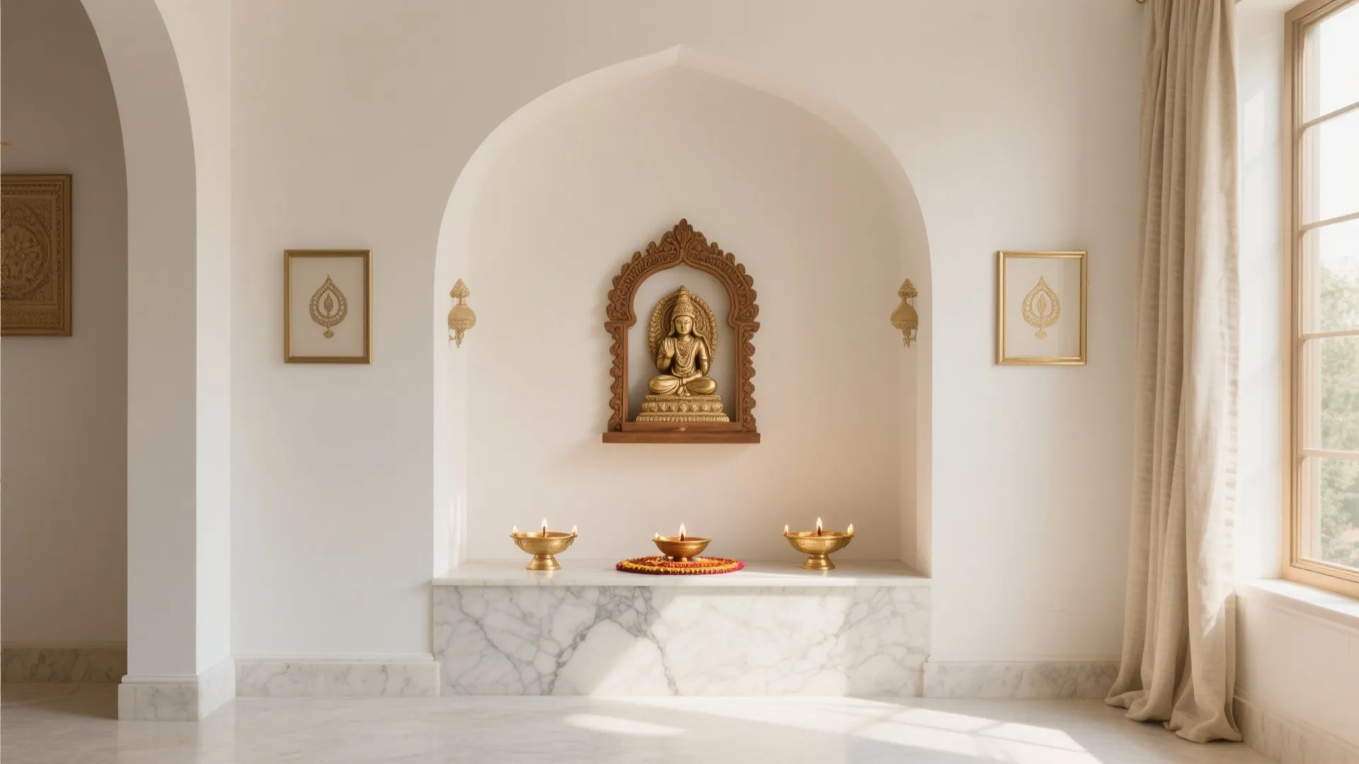 Minimalist cream prayer room with marble shelf golden statue wall light fixtures and long curtain