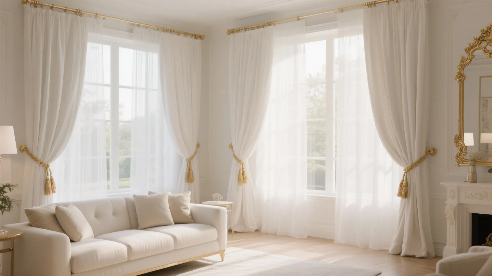 8. White Curtains with Gold Tiebacks