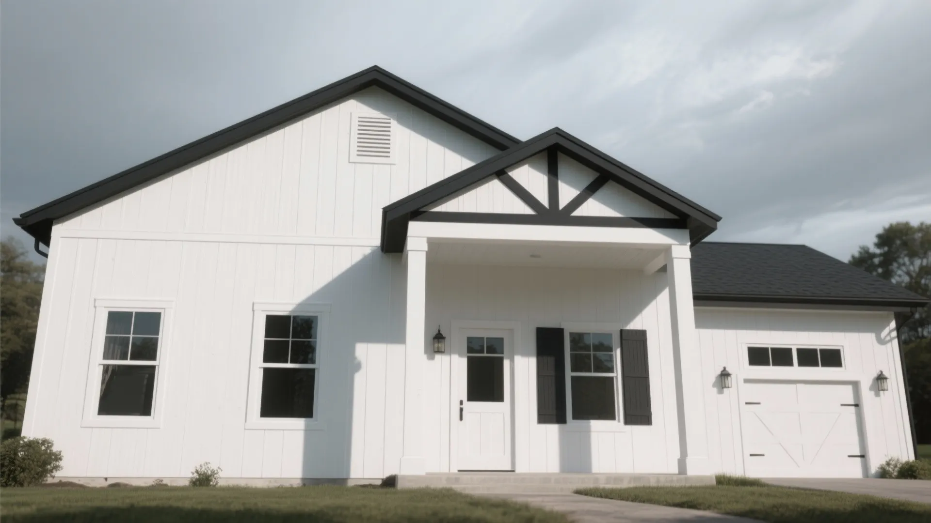 Crisp white ranch exterior with charcoal trim creating a modern farmhouse-ranch contrast.