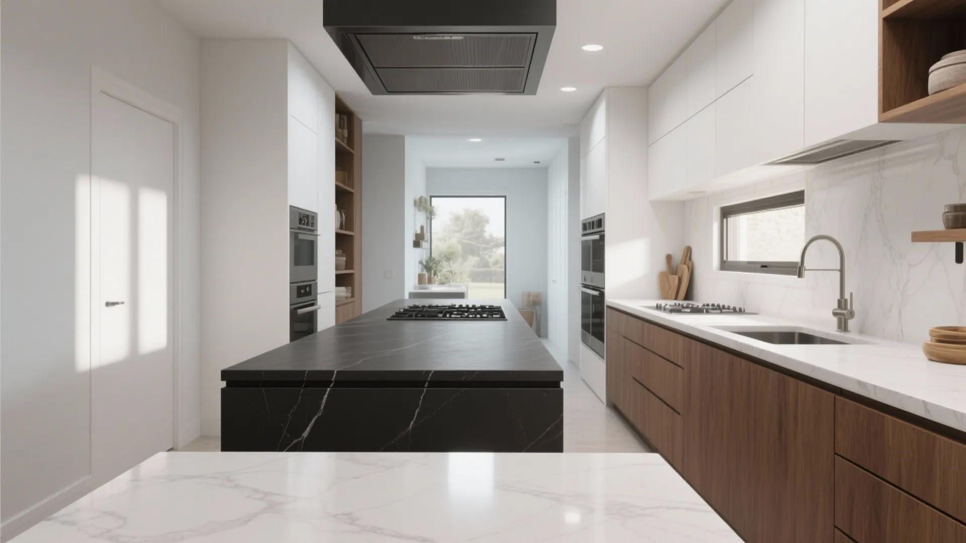 Modern kitchen design featuring large black marble island, wooden cabinets, white walls, and bright natural light