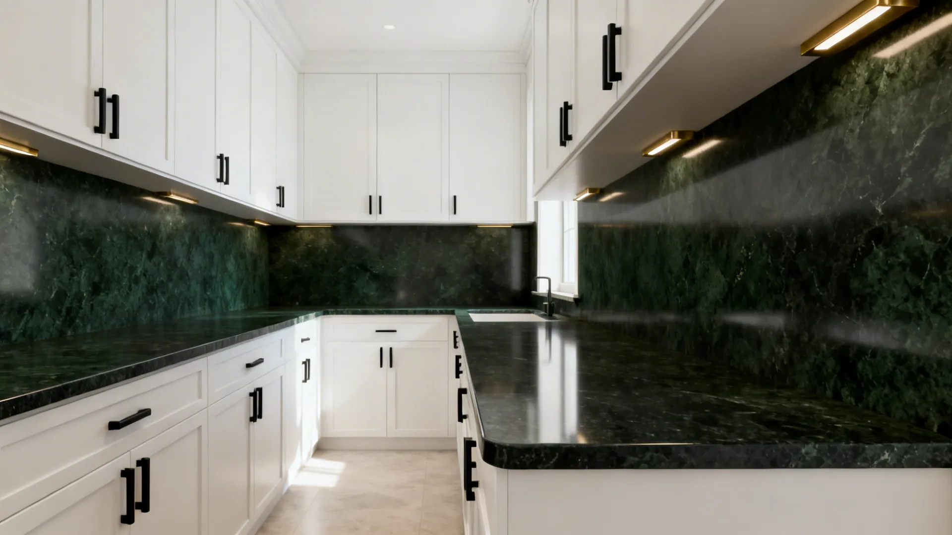 White cabinets with a dark charcoal countertop and matte black hardware.