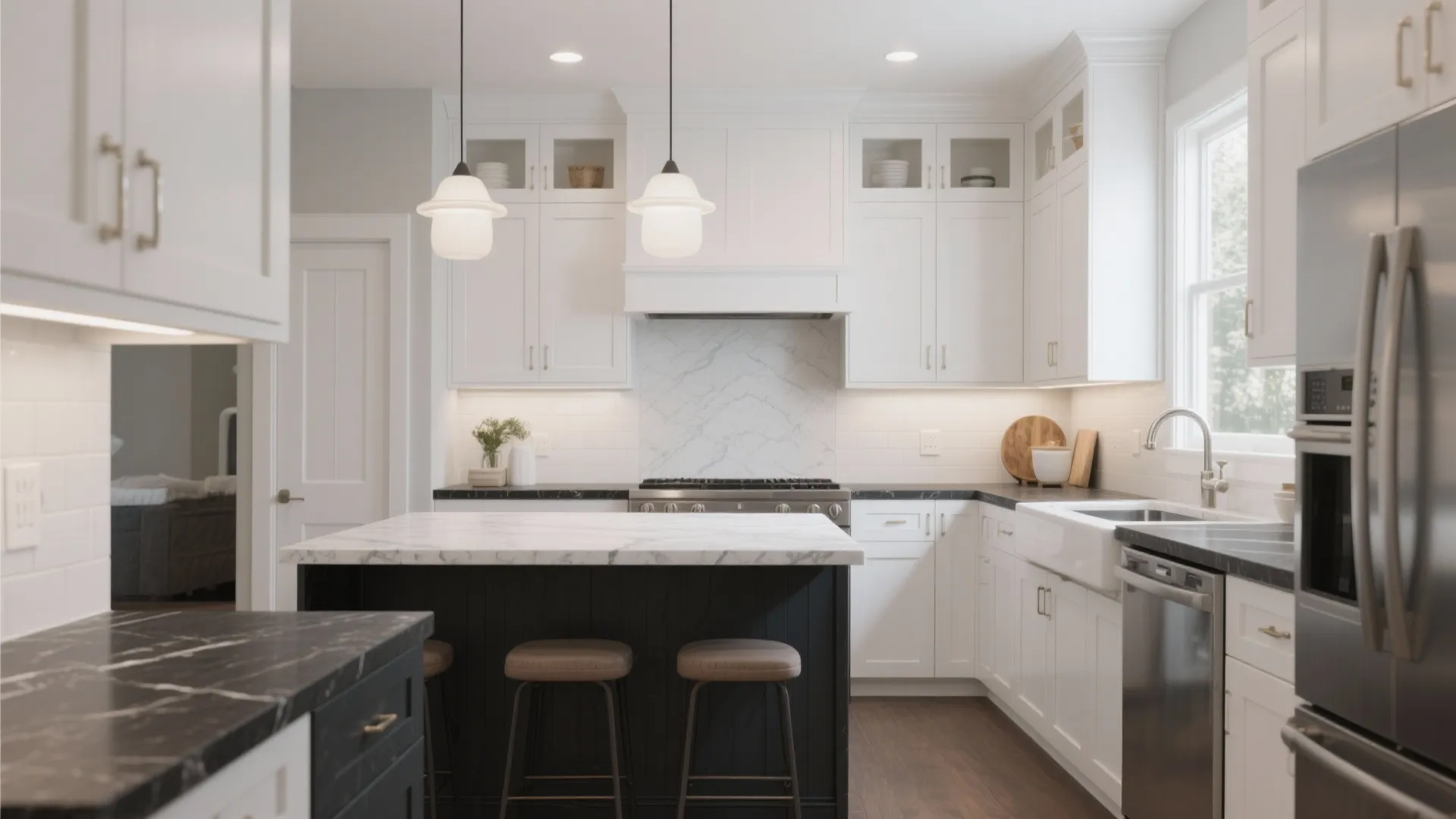6. White Cabinets with Dark Countertops