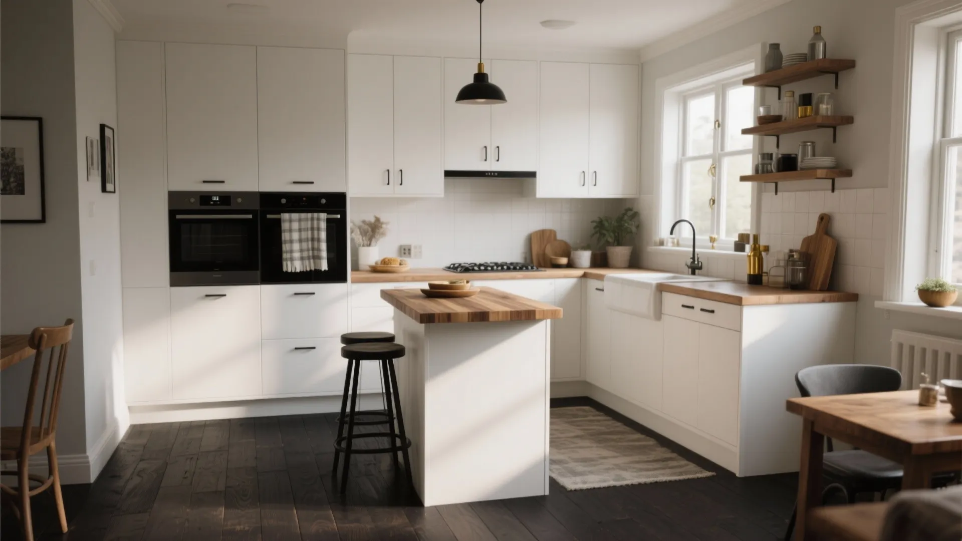 Modern white kitchen with wooden island breakfast bar dark wood floors and black ceiling light