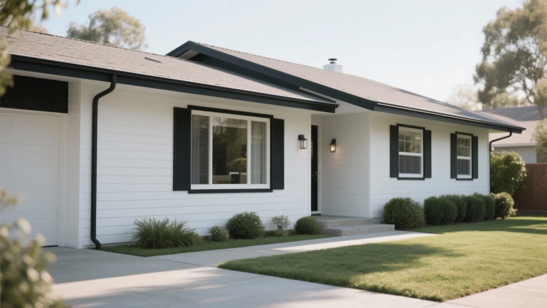 White modern house with black trim around windows and roof line next to a green lawn