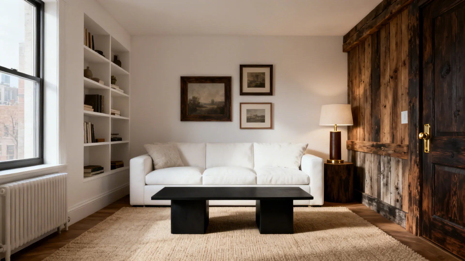 Living room featuring white sofa, black coffee table, wooden wall, table lamp, and white wall shelves