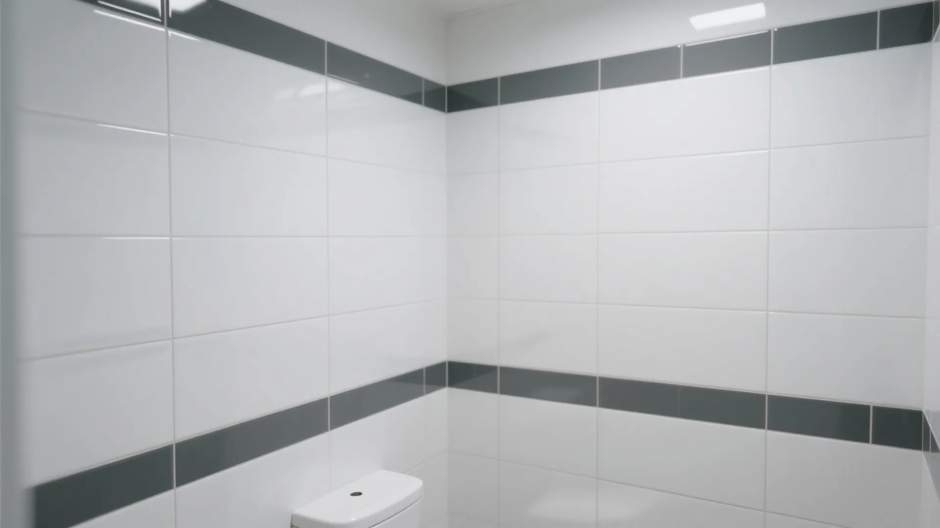 Modern bathroom walls with white rectangular tiles and two horizontal dark gray tile border strips