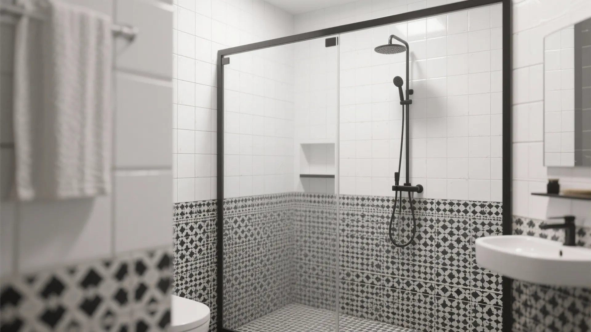 Modern bathroom shower with glass door black metal frame white square tiles and patterned wall panel