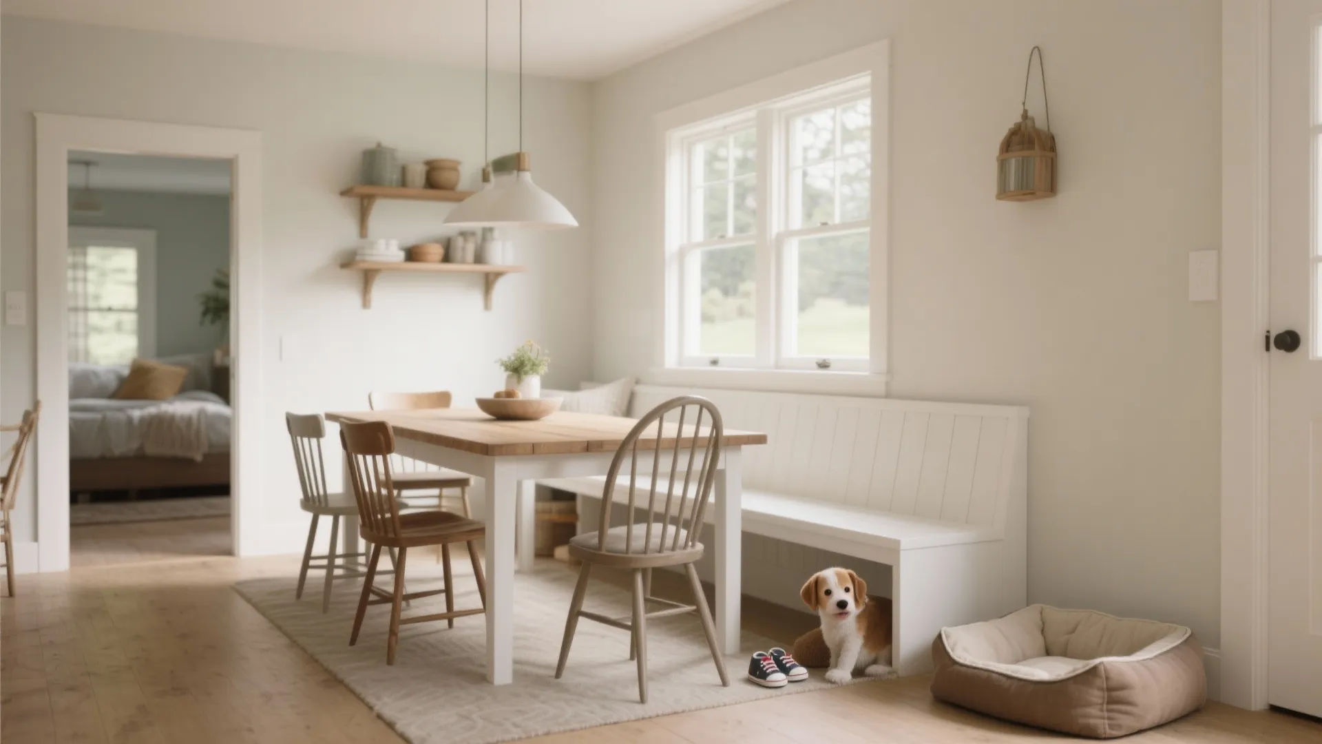 Bright dining room with wooden table white bench chairs and a small dog sitting underneath