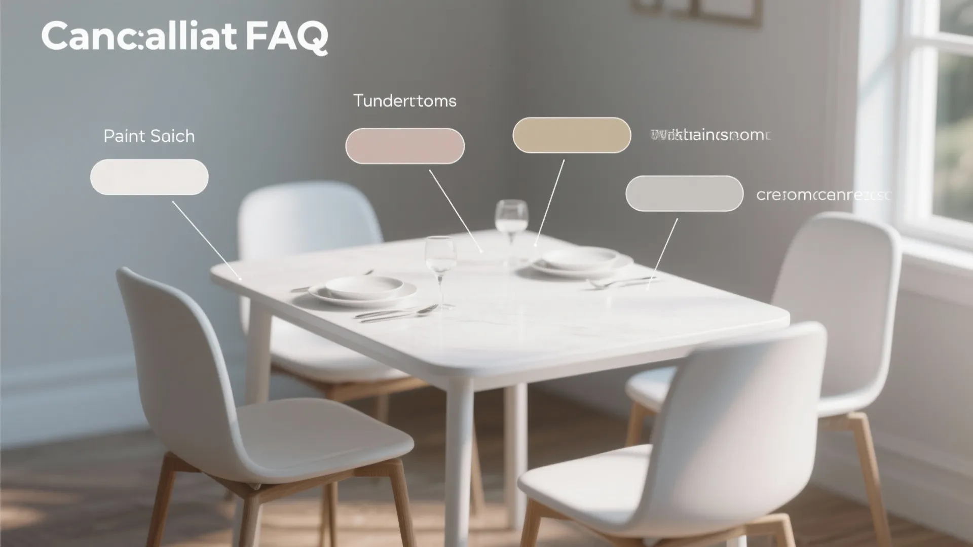 Modern white dining table and chairs with colorful paint color samples for wall design choices
