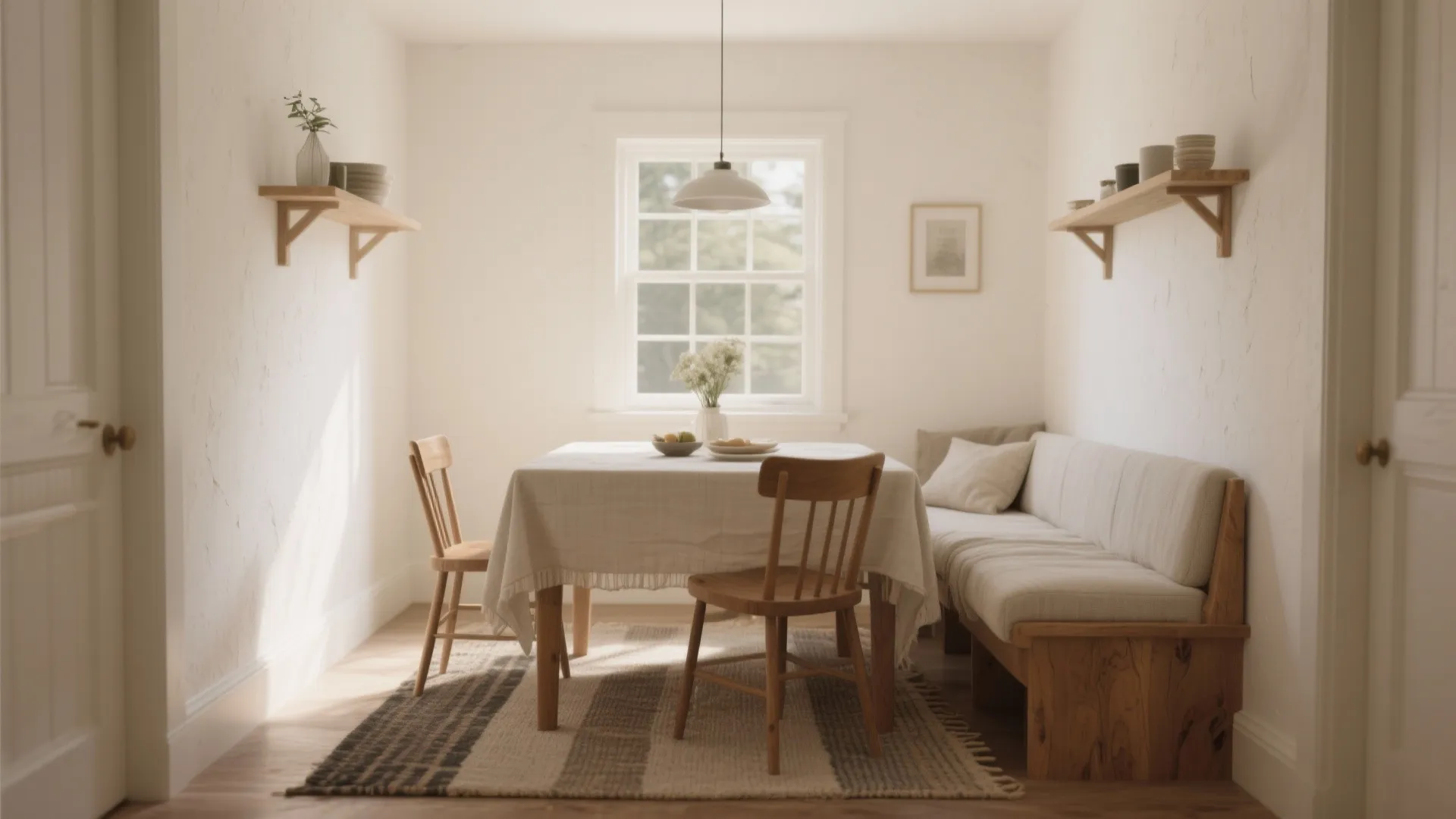 Bright dining room with white tablecloth wood table and chairs long bench and ceiling light