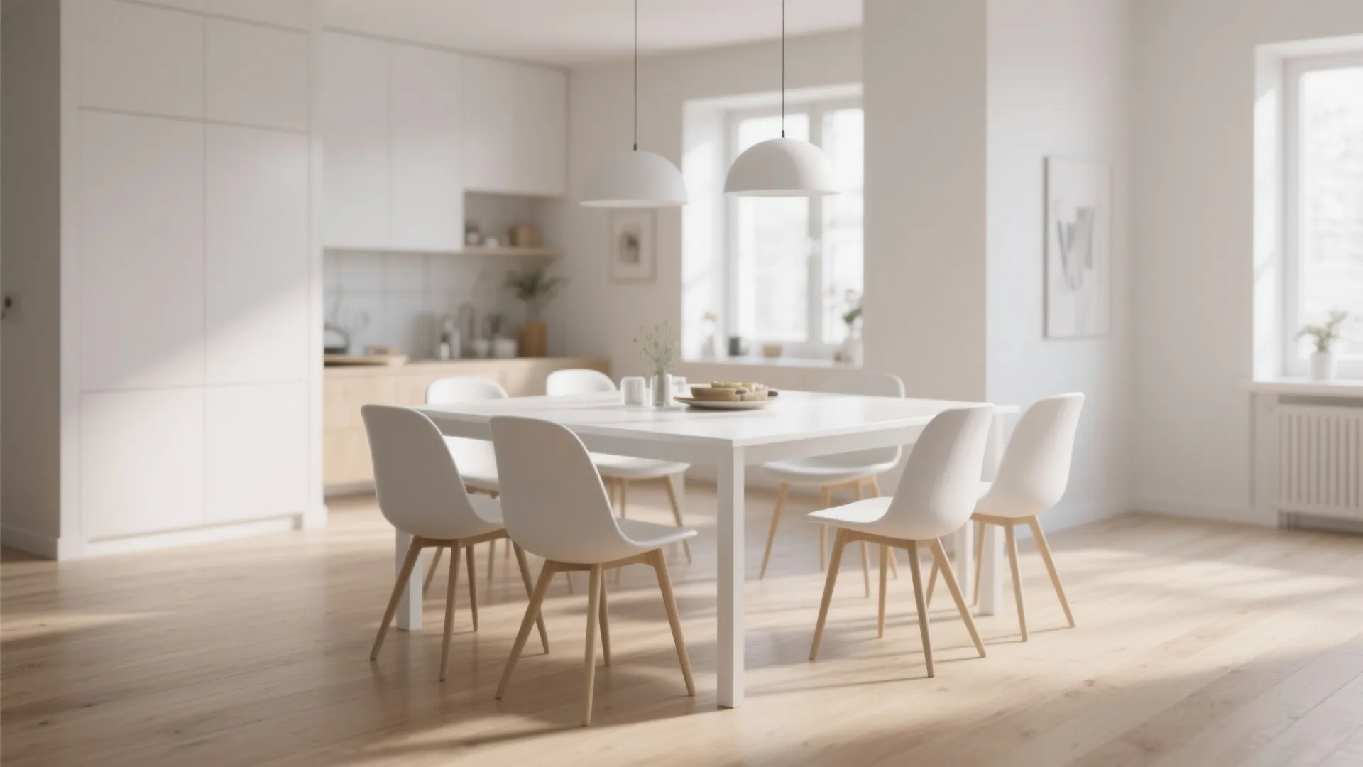 Minimalist white kitchen and dining area with wooden floor, white chairs, and two hanging lights