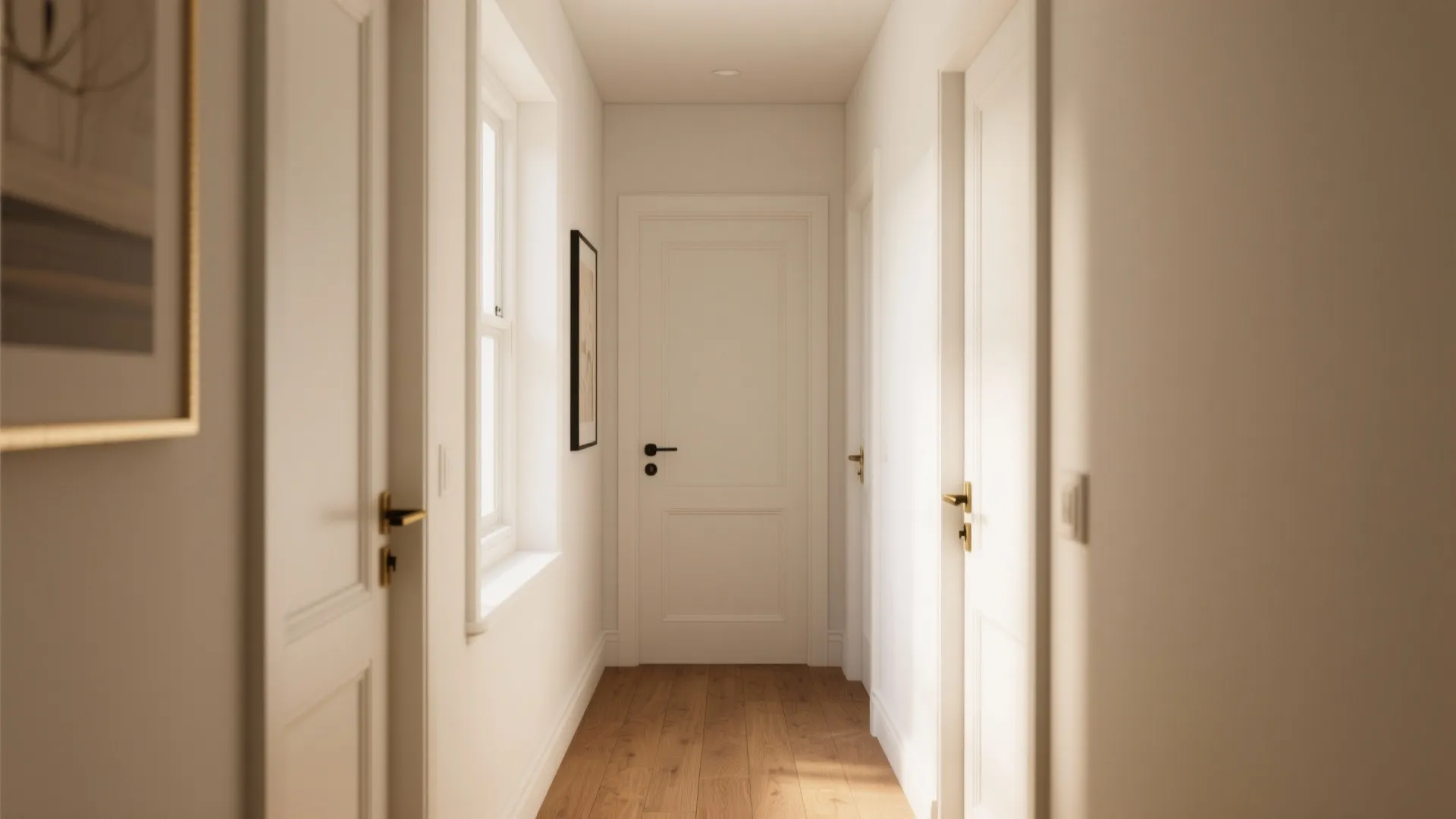 Bright hallway with white walls wooden floor multiple white doors gold handles and natural light
