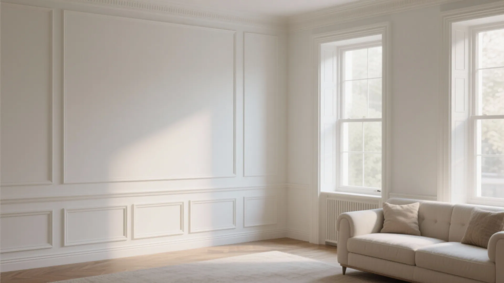 Bright living room with white wall panels two large windows wooden floor and beige sofa