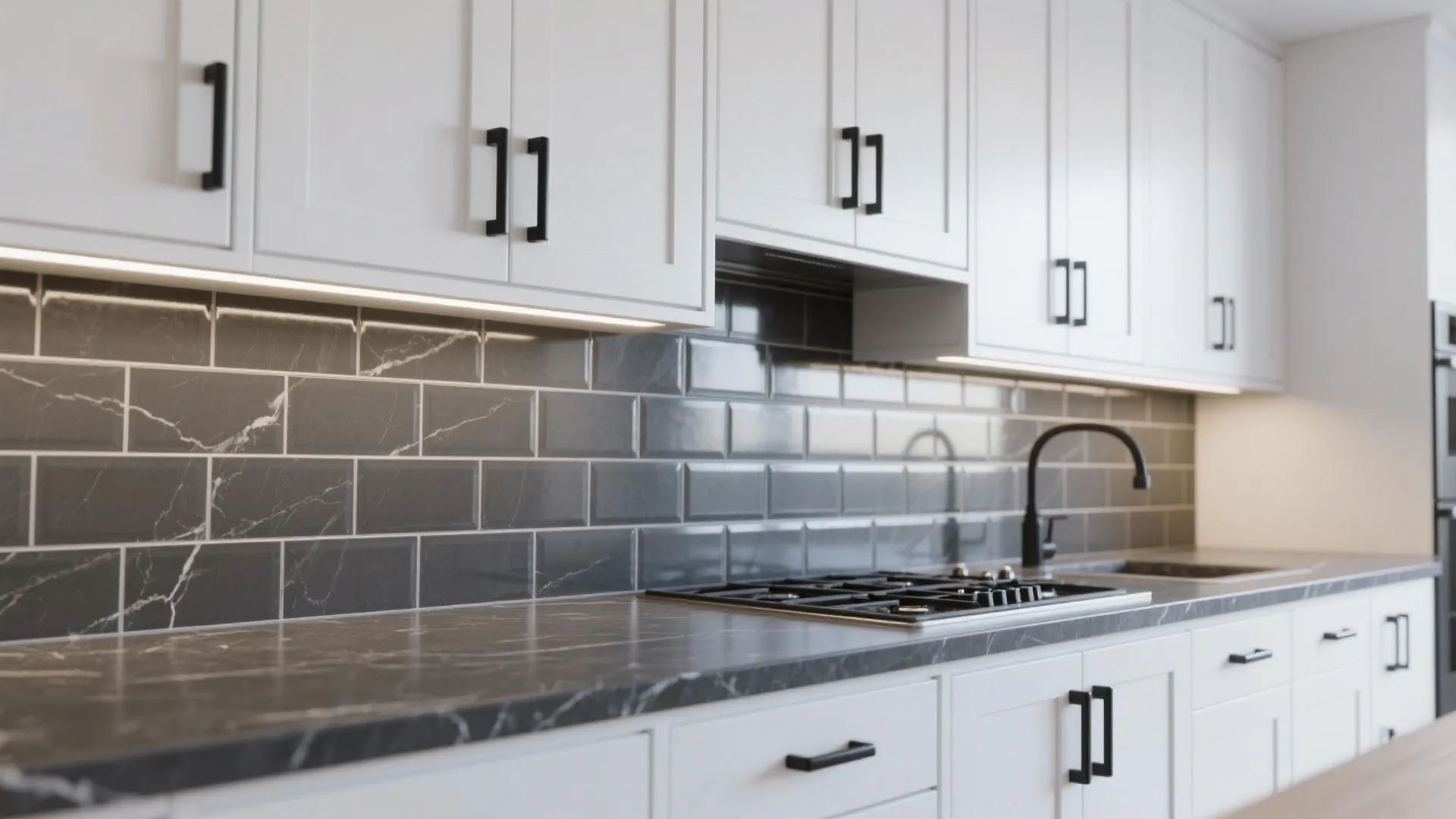 Modern kitchen counter with dark marble wall tiles black faucet gas stove and white cabinets