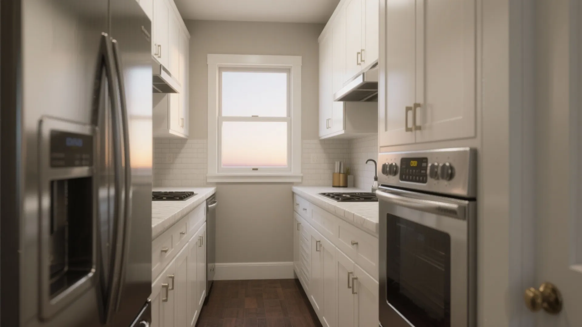 Small narrow kitchen with white cabinets stainless steel appliances dark wood floor and bright window