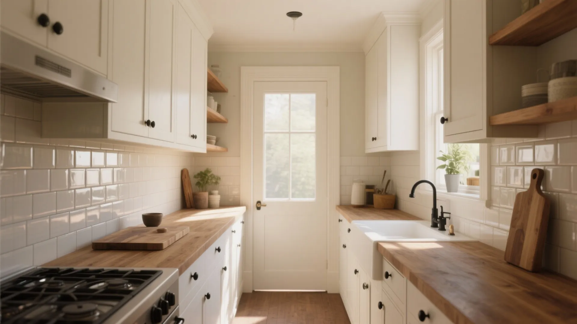 Bright galley kitchen with white cabinets wooden countertops white tile walls and a white door