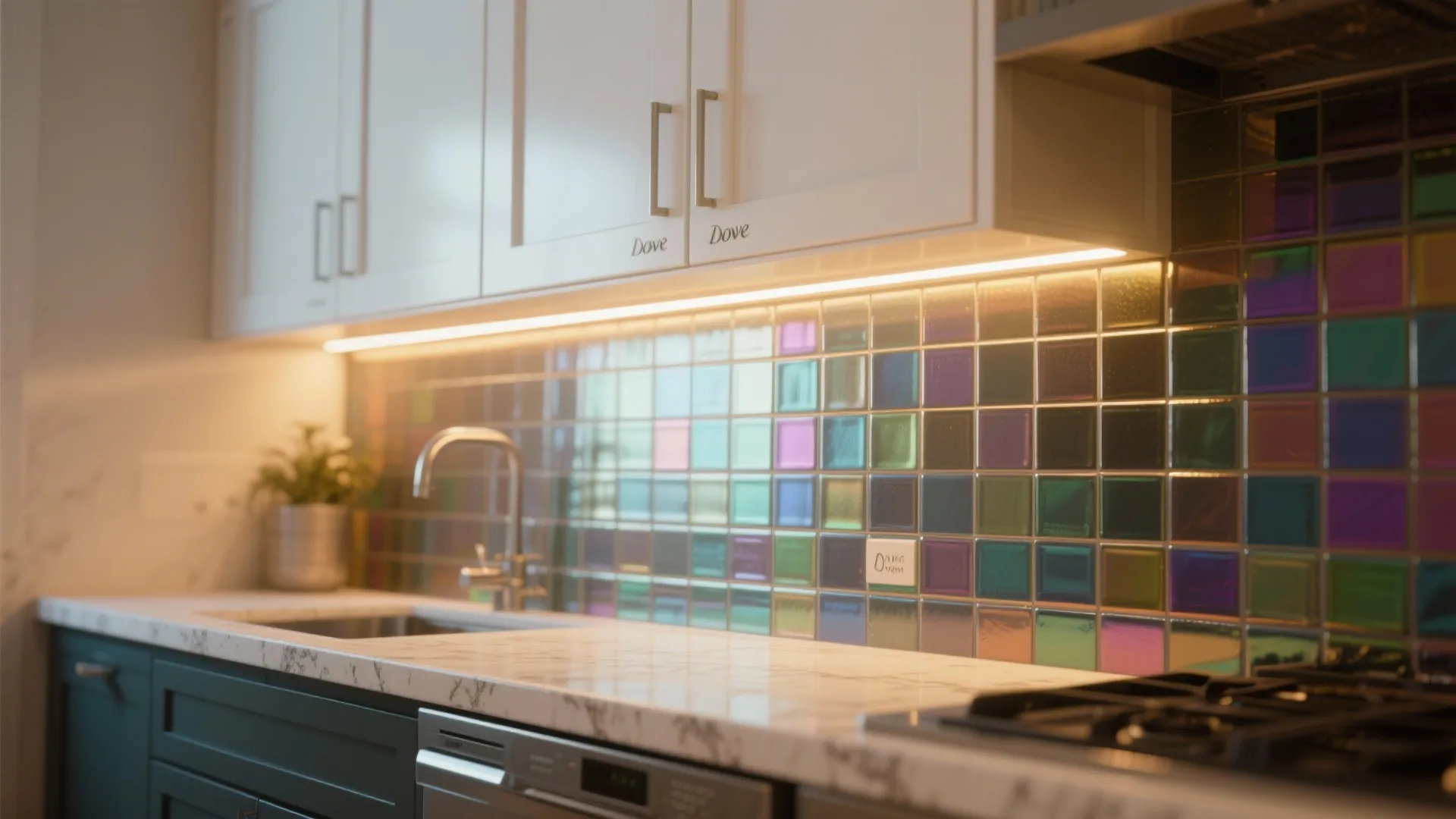 Close up of colorful glass tile backsplash under white kitchen cabinets with warm led light fixture