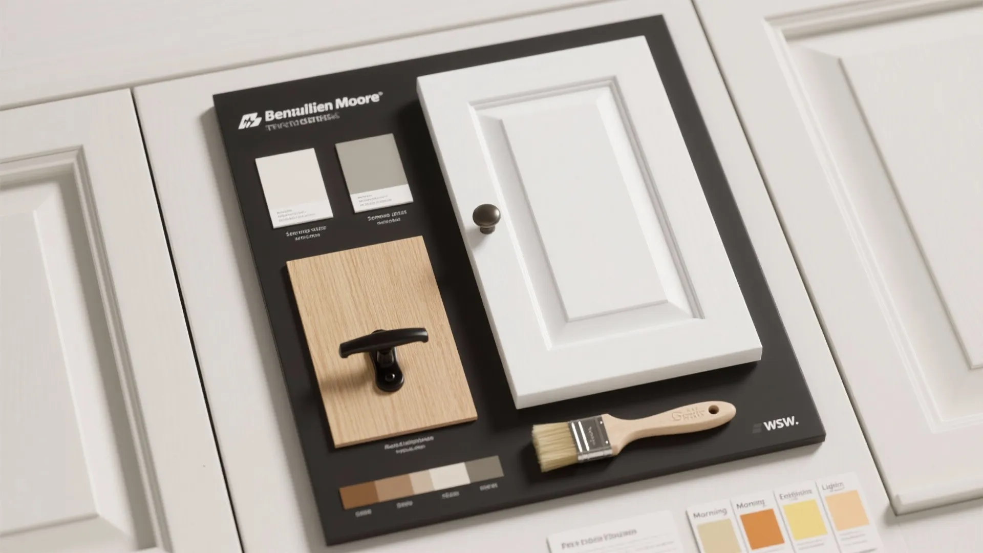 Interior design mood board with white cabinet door wood sample paint swatches and a small brush