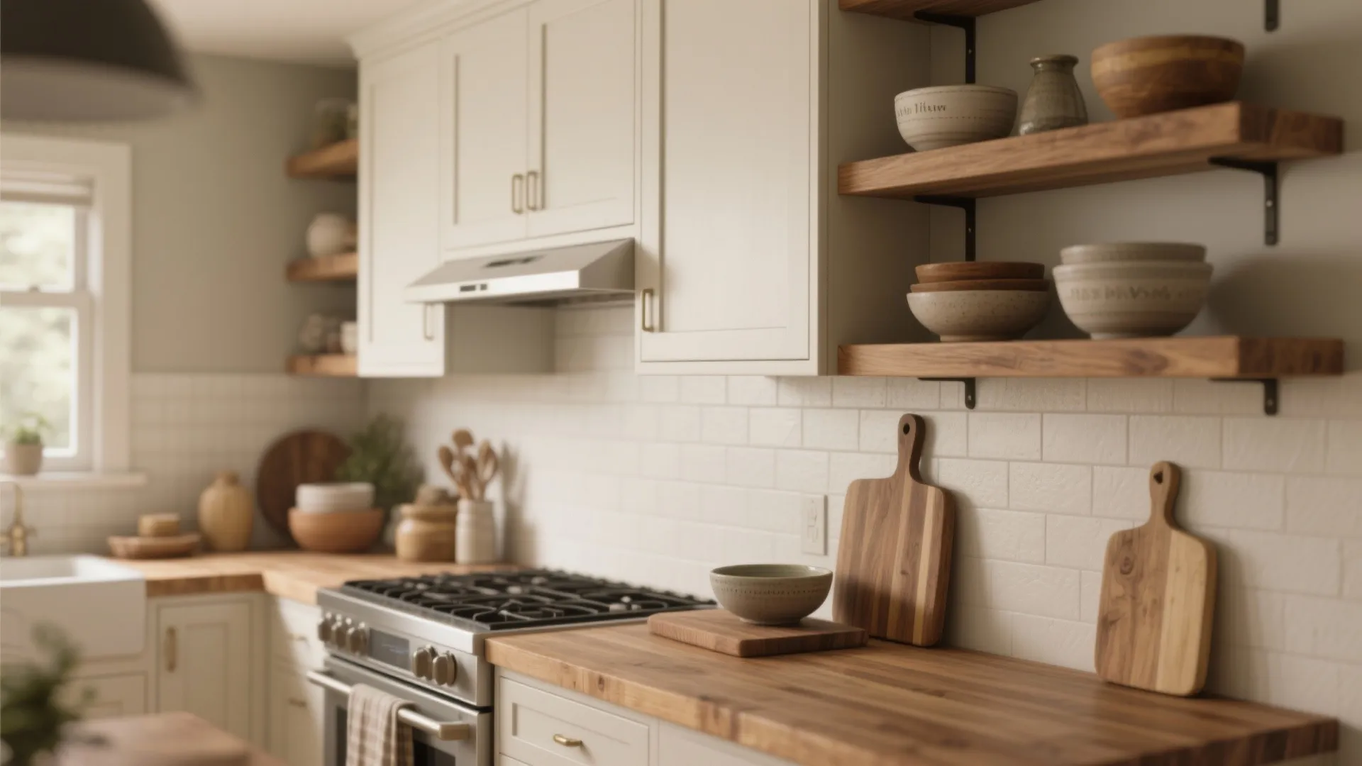 Modern kitchen with white cabinets wooden countertops open shelving gas stove and white tile wall backsplash