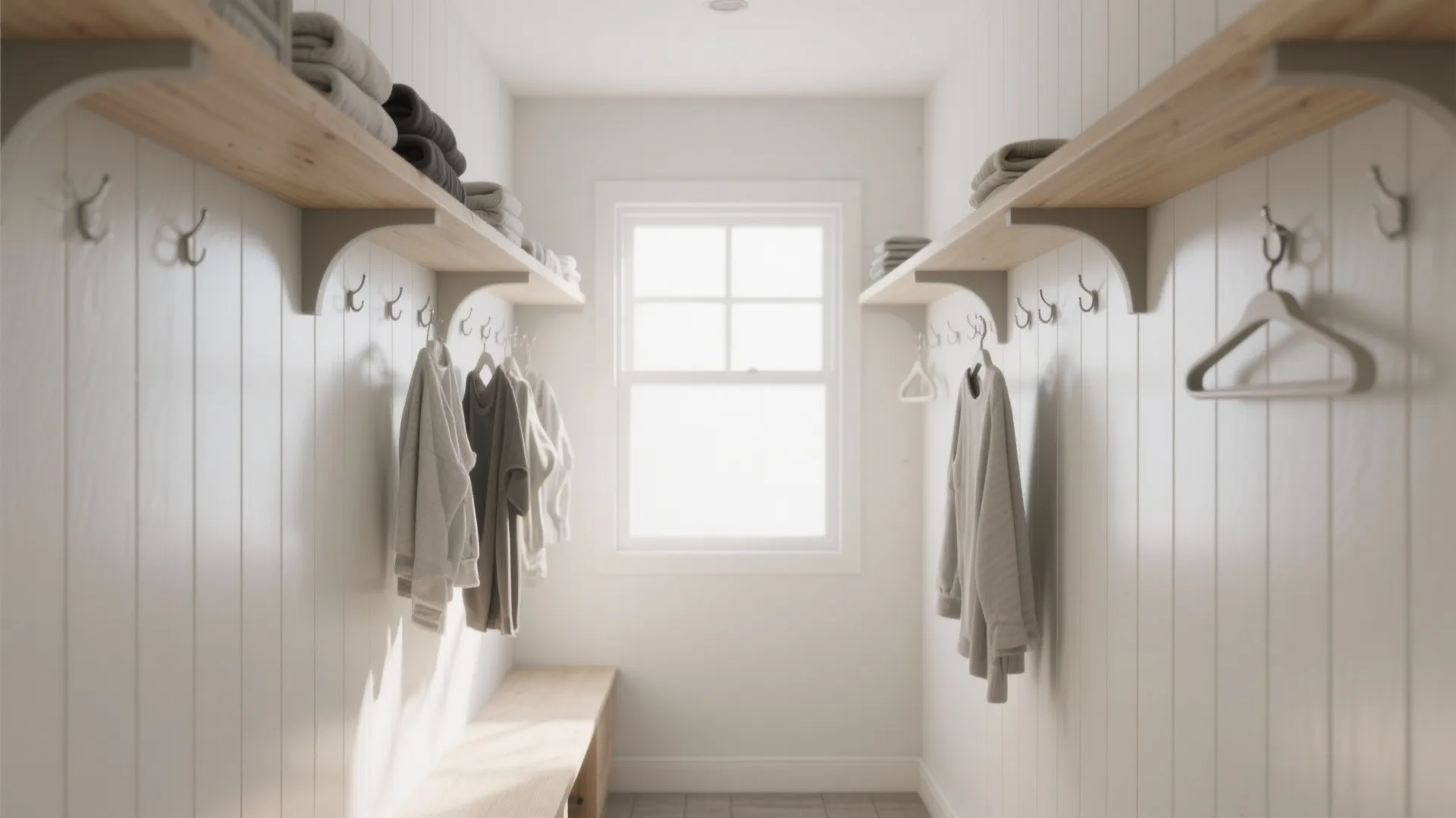 Bright white laundry room with wooden shelves hanging clothes wall hooks and window at the end