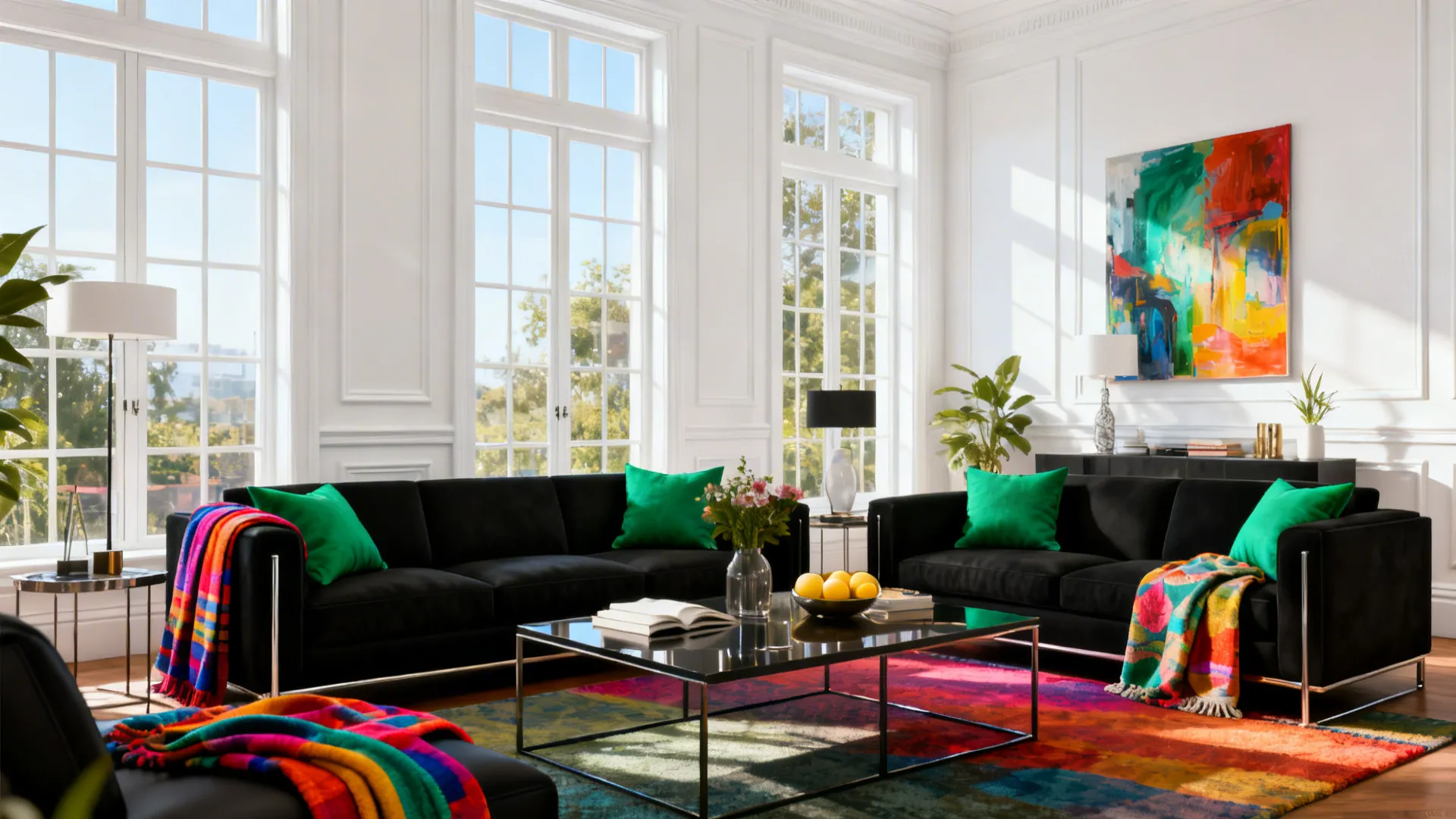 Bright living room with crisp white walls, black furniture and emerald accent pillows