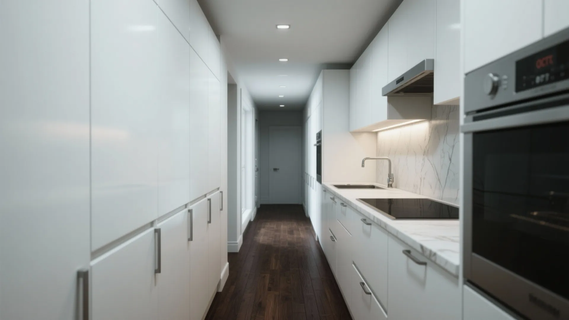 Narrow kitchen layout with white cabinets dark wooden floor marble countertop and small built in oven