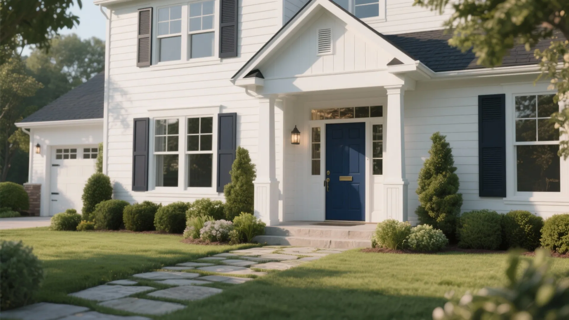Two story white house with blue front door black shutters green lawn and stone path