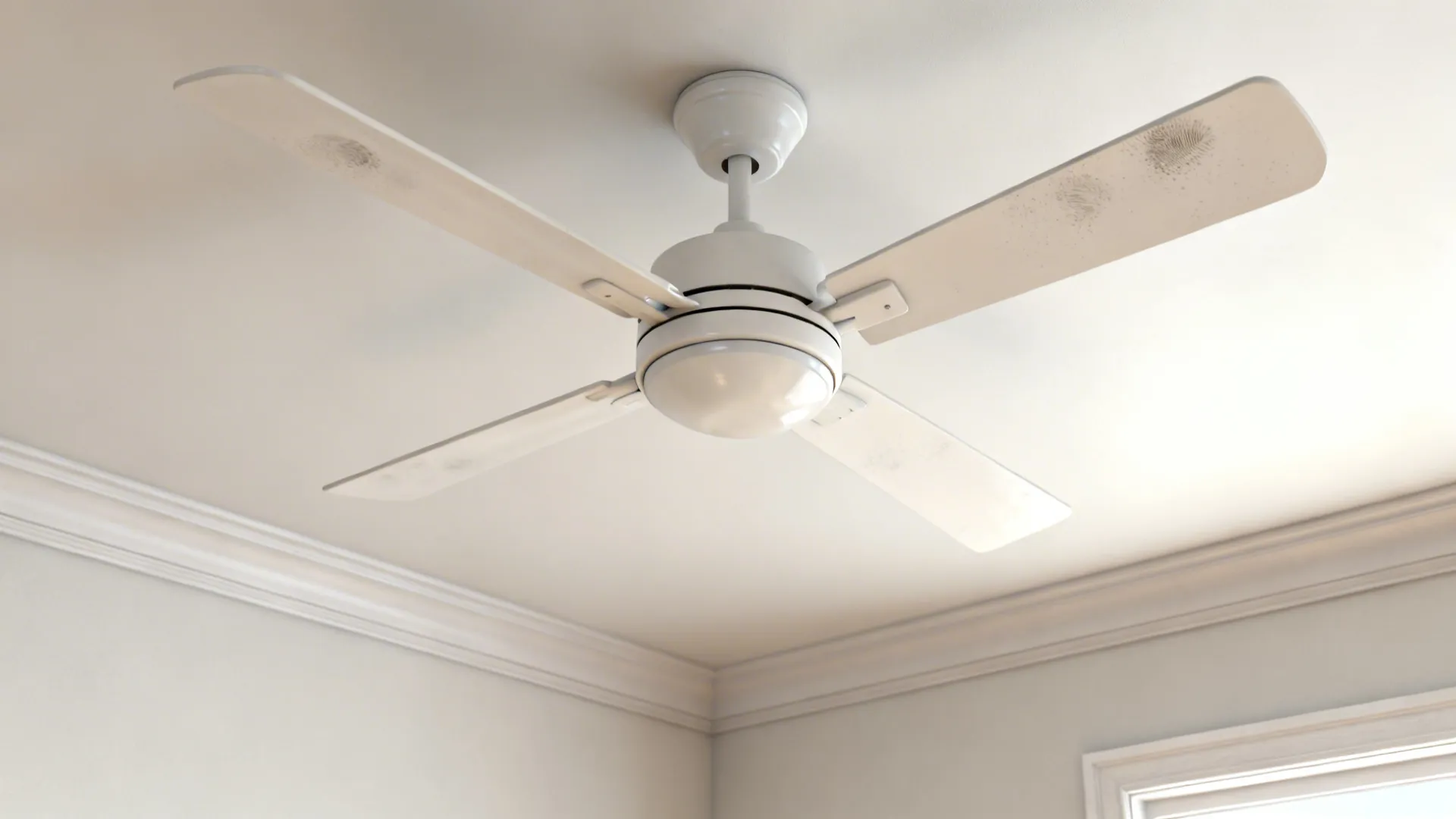 Close-up of a white ceiling fan against a light ceiling showing clean minimal design and soft daylight