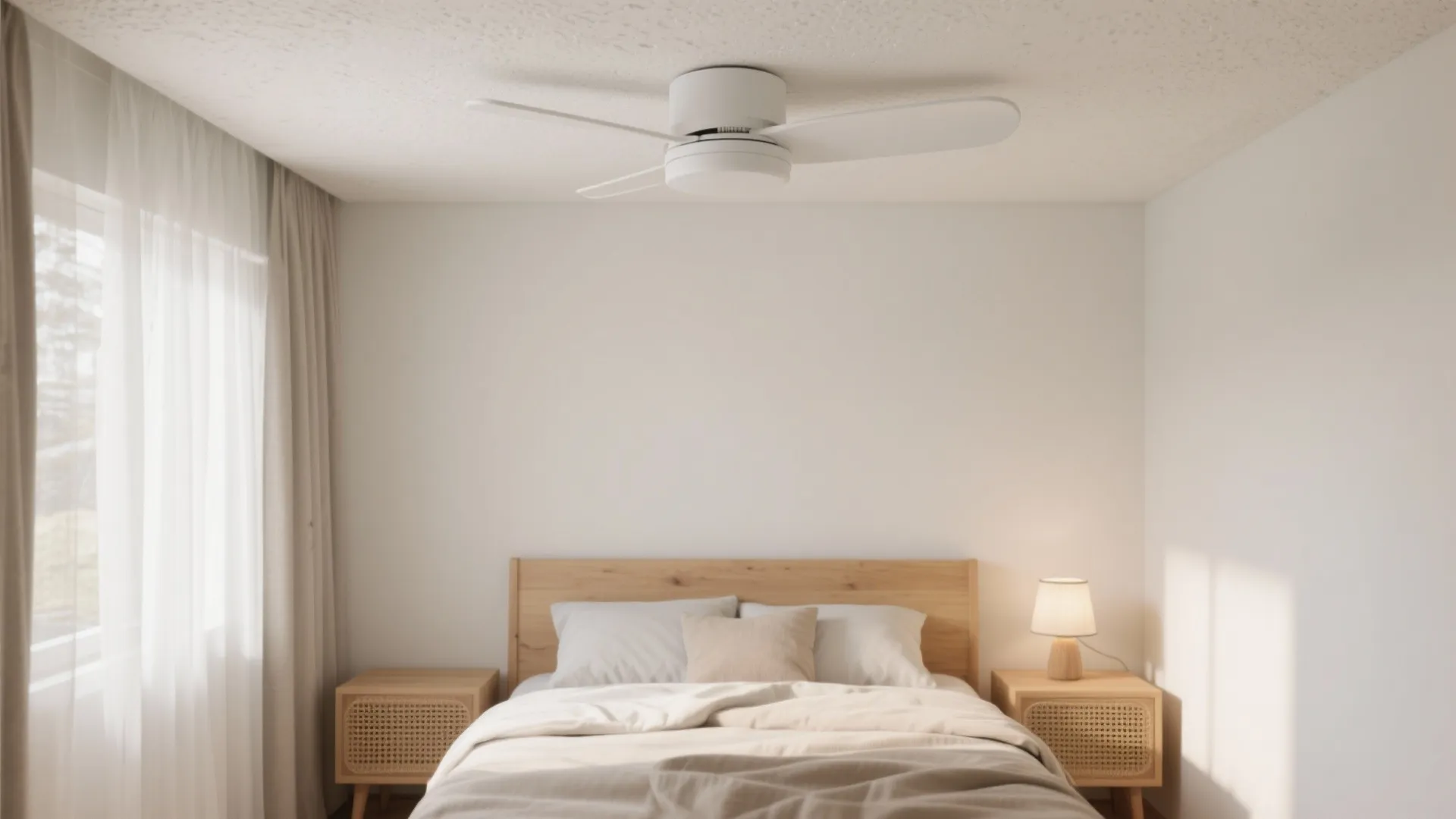 Minimalist bedroom with wooden bed white ceiling fan and two small nightstands with table lamps