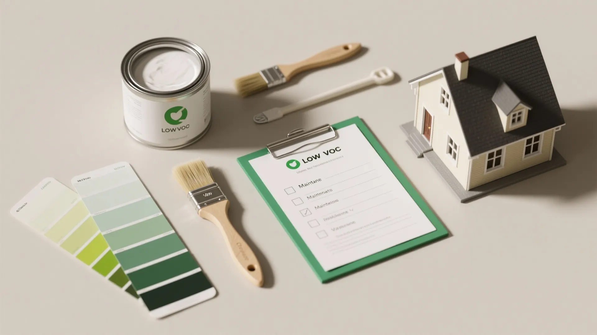 Flatlay of paint samples, brushes, and a maintenance checklist illustrating FAQs about white exteriors and eco-friendly paint.
