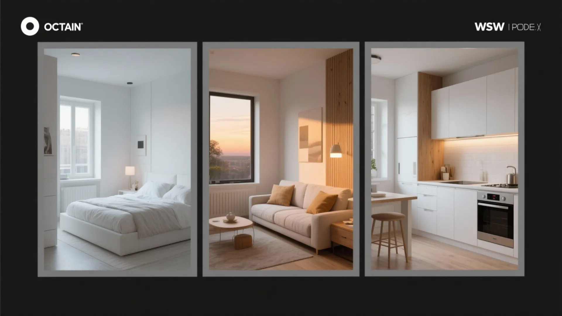 Interior design drawing showing three panels of a white bedroom living room and small kitchen