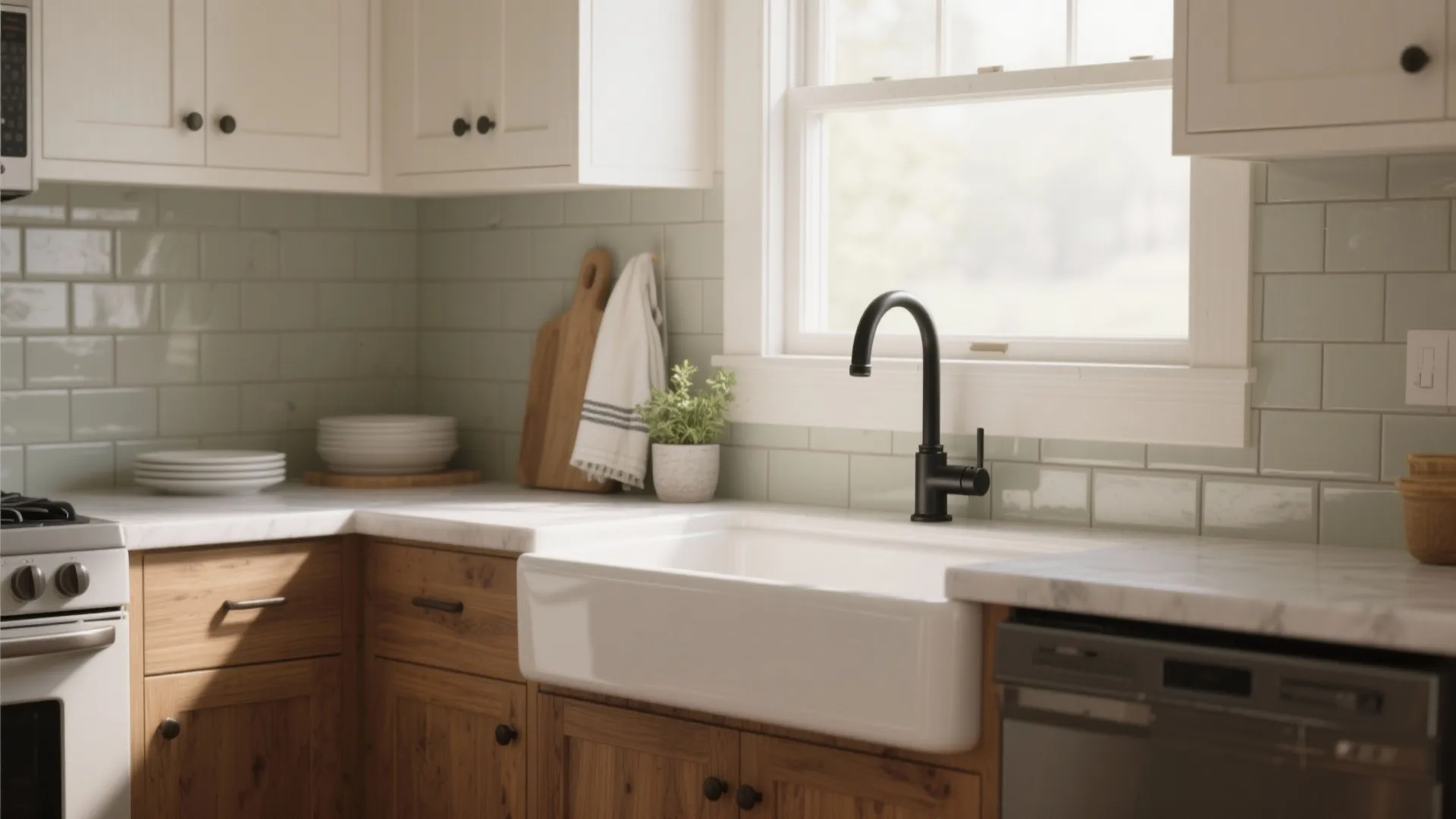 Bright kitchen with white ceramic sink black faucet wooden cabinets white marble countertop and green tiles